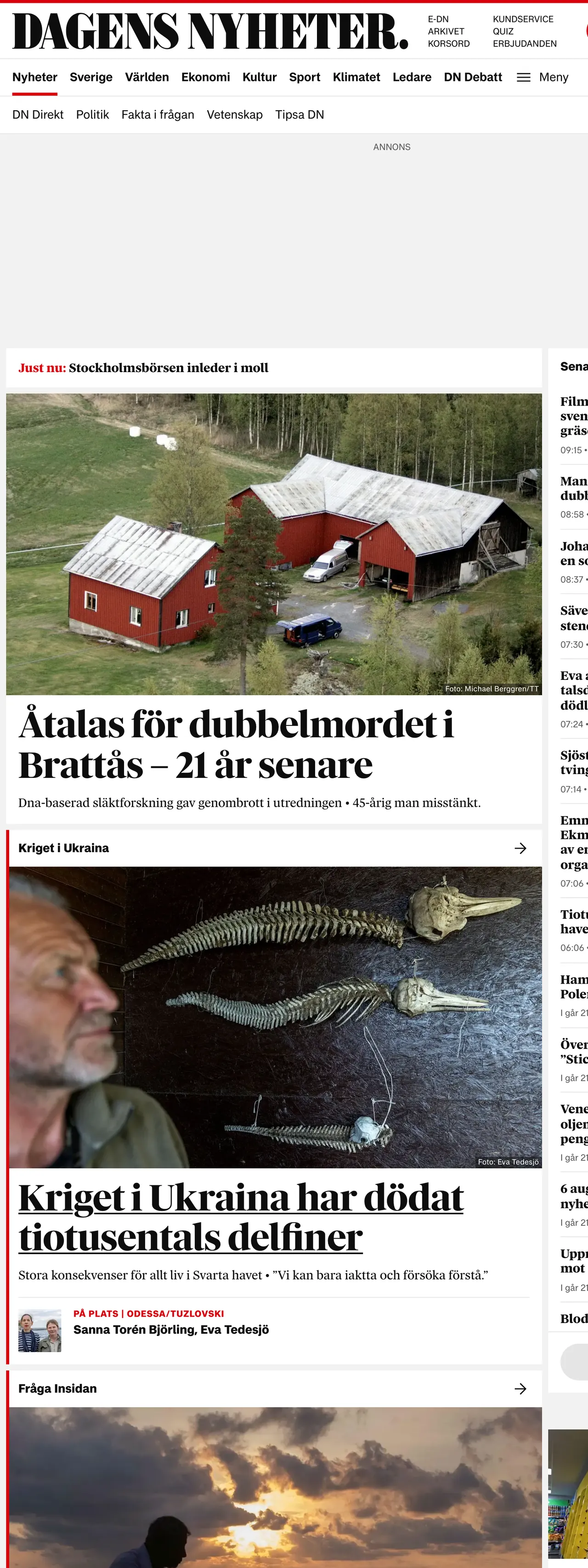 Screenshot of the Dagens Nyheter front page