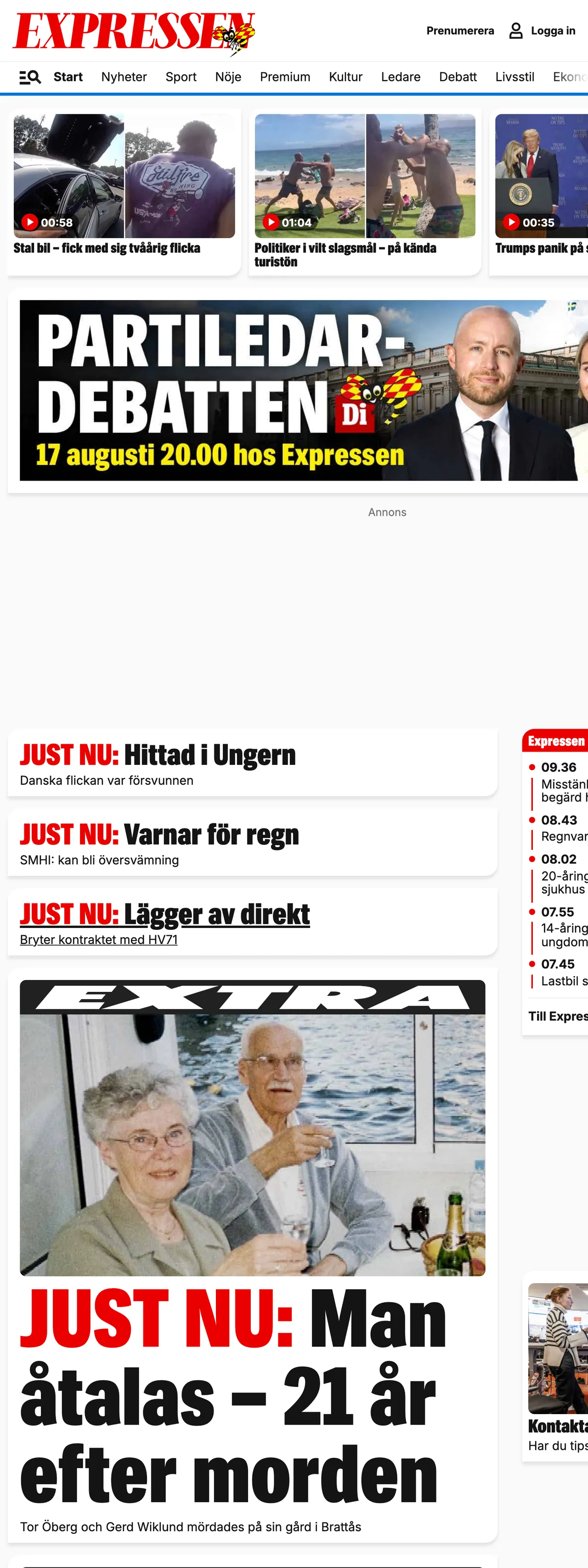 Screenshot of the Expressen front page