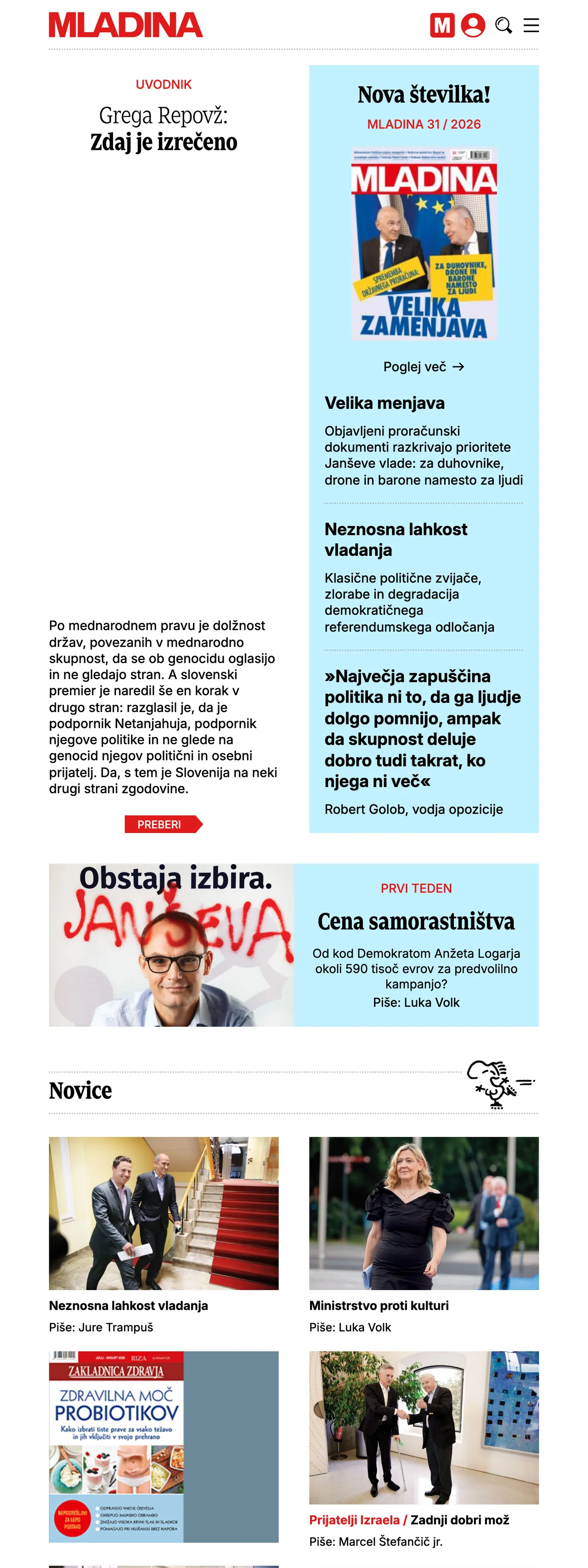 Screenshot of the Mladina front page