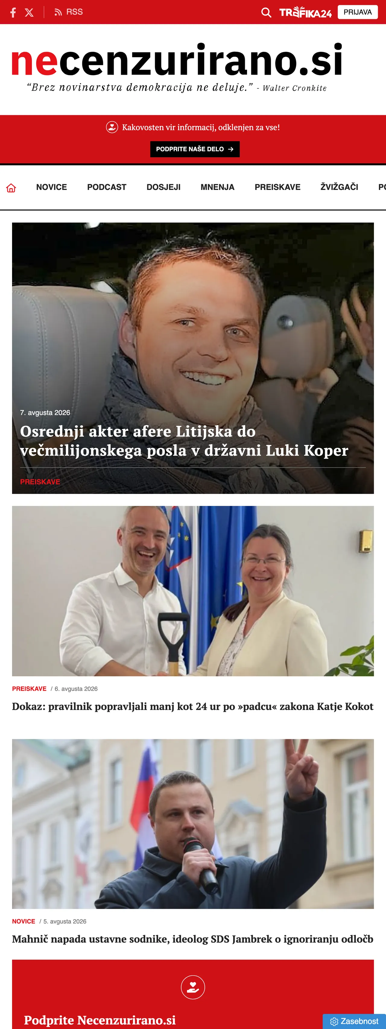 Screenshot of the Necenzurirano front page