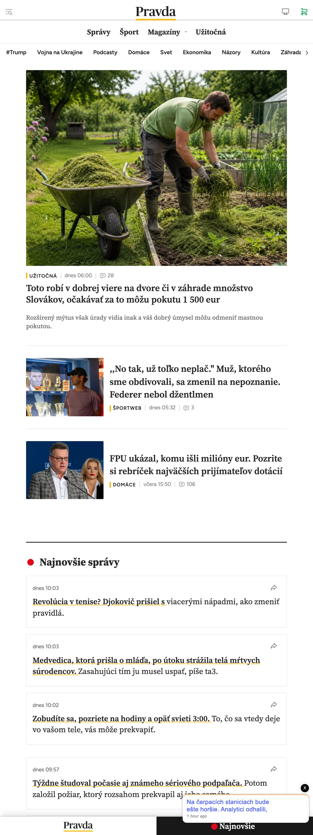 Screenshot of the Pravda front page