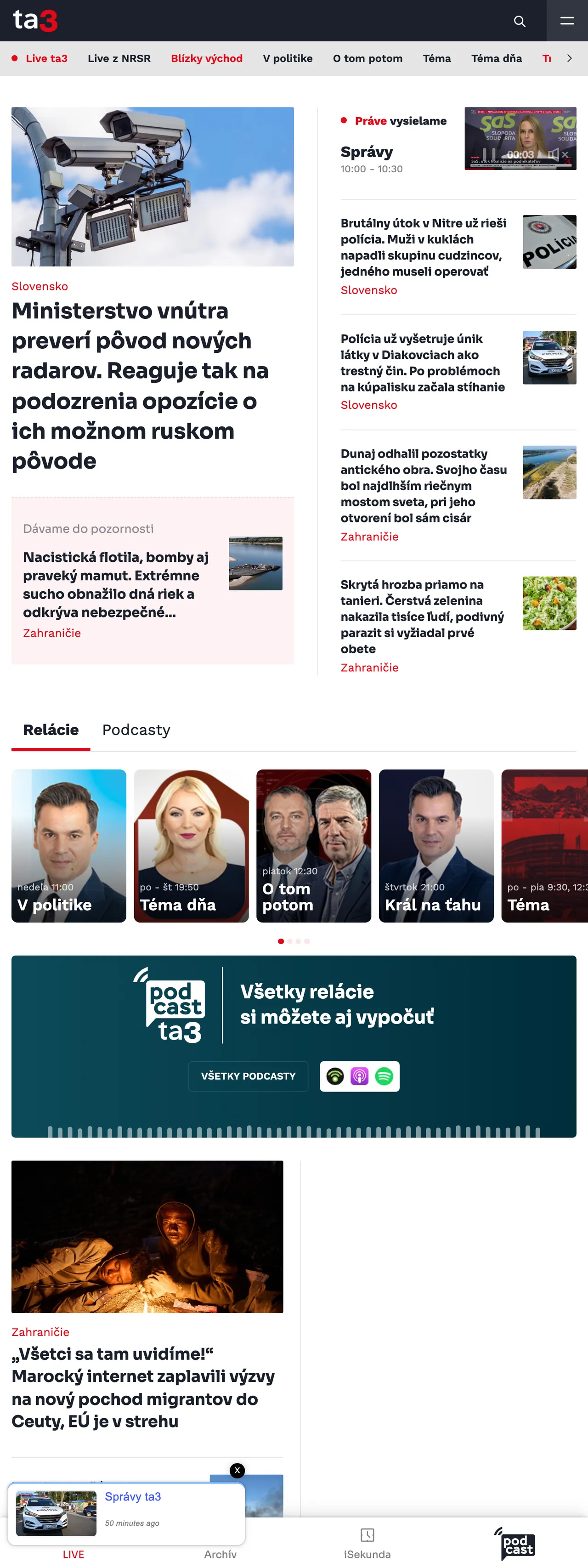 Screenshot of the TA3 front page