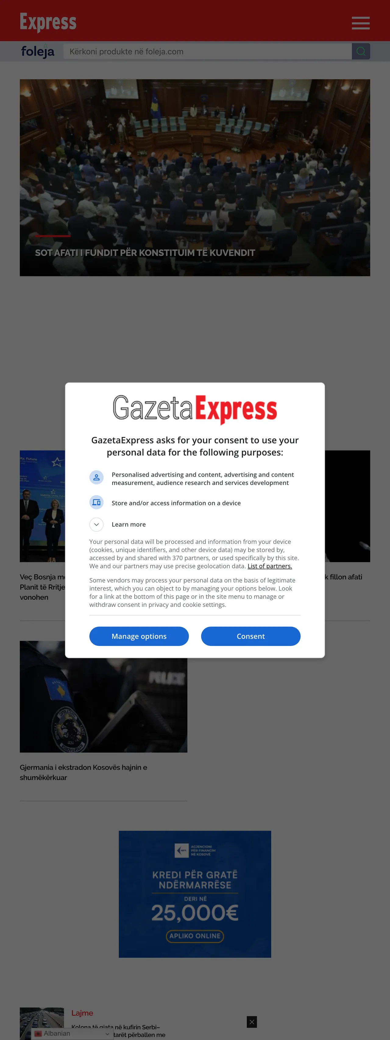 Screenshot of the Gazeta Express front page