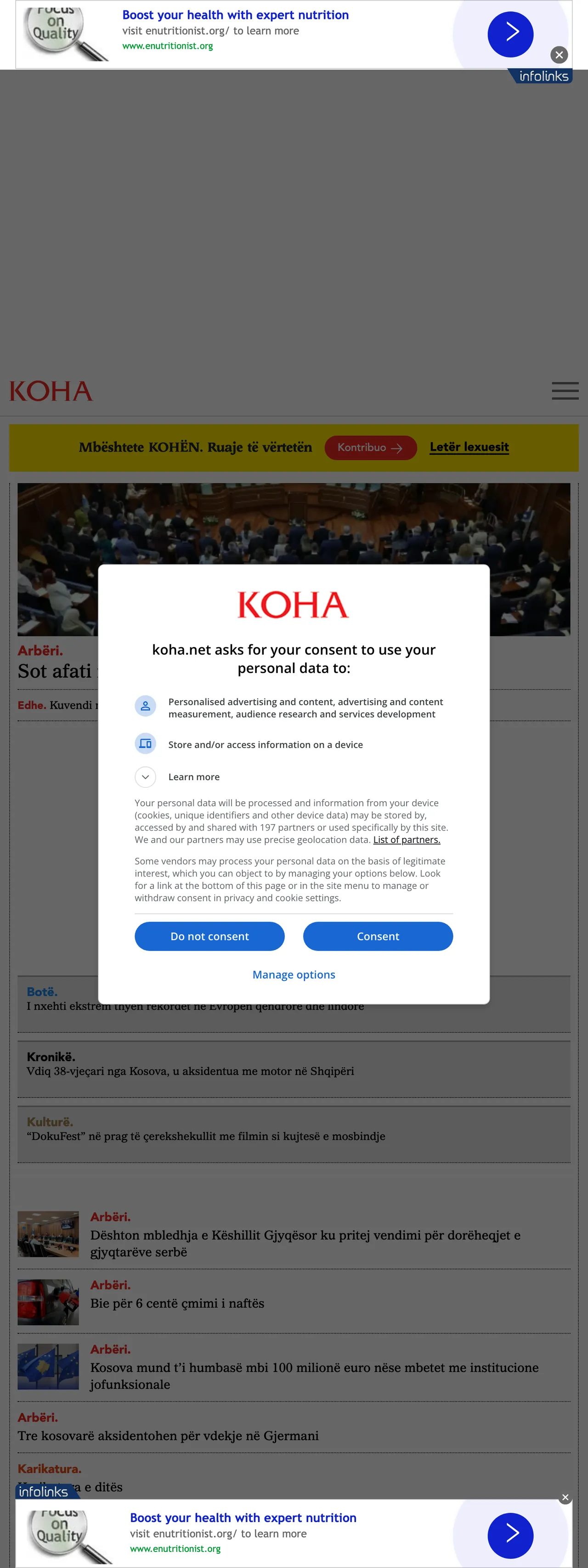 Screenshot of the Koha Ditore front page