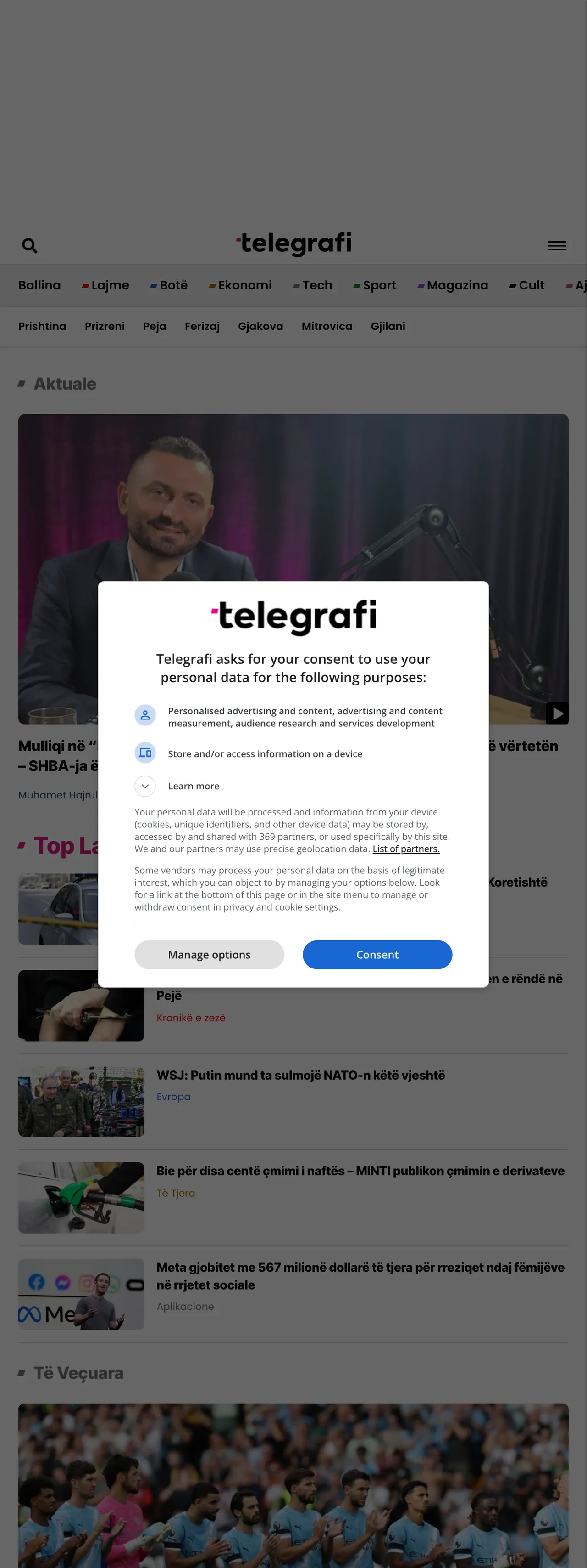 Screenshot of the Telegrafi front page