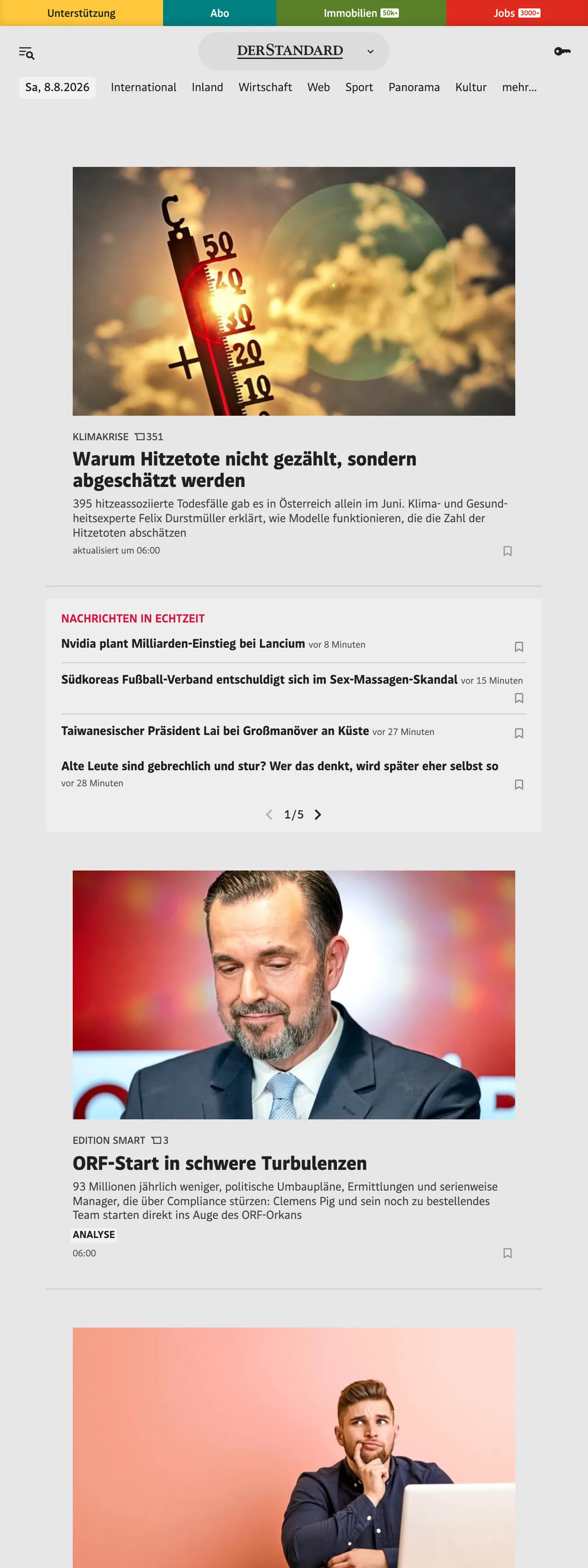 Screenshot of the DER STANDARD front page