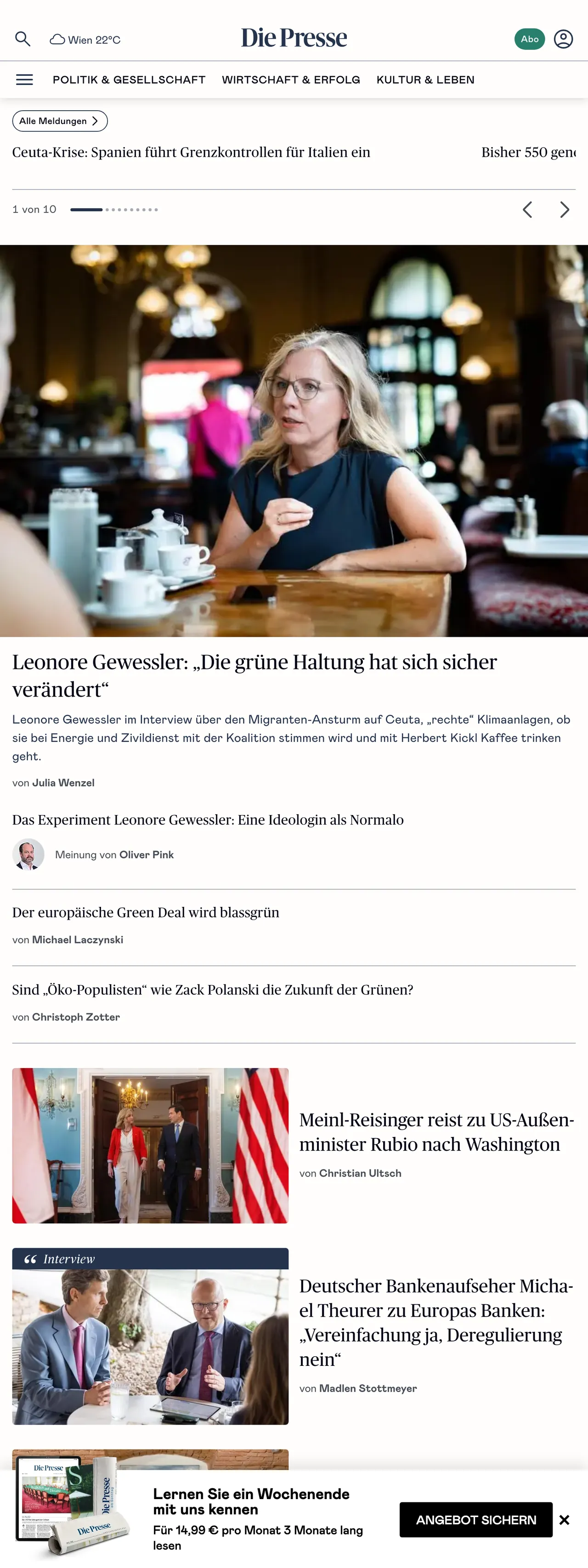Screenshot of the Die Presse front page