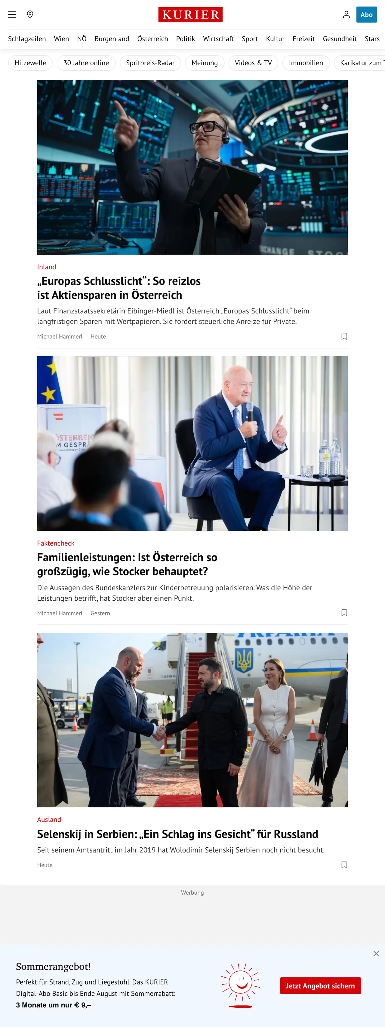 Screenshot of the Kurier front page