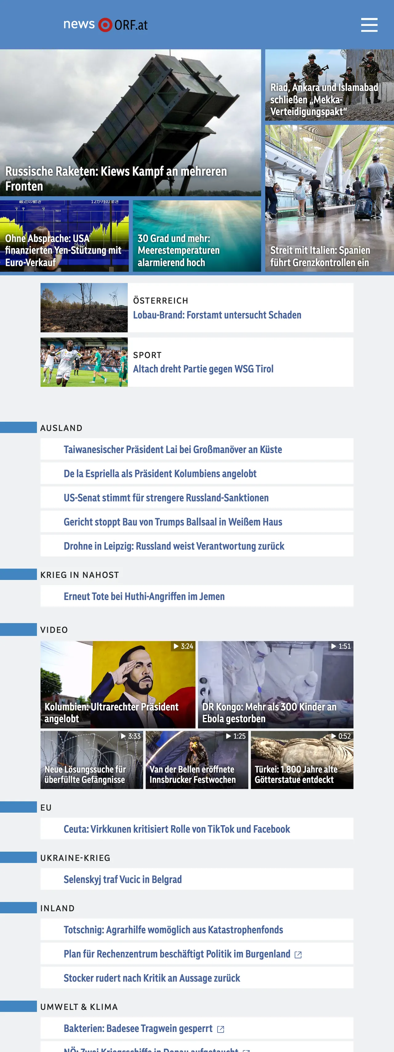 Screenshot of the ORF front page