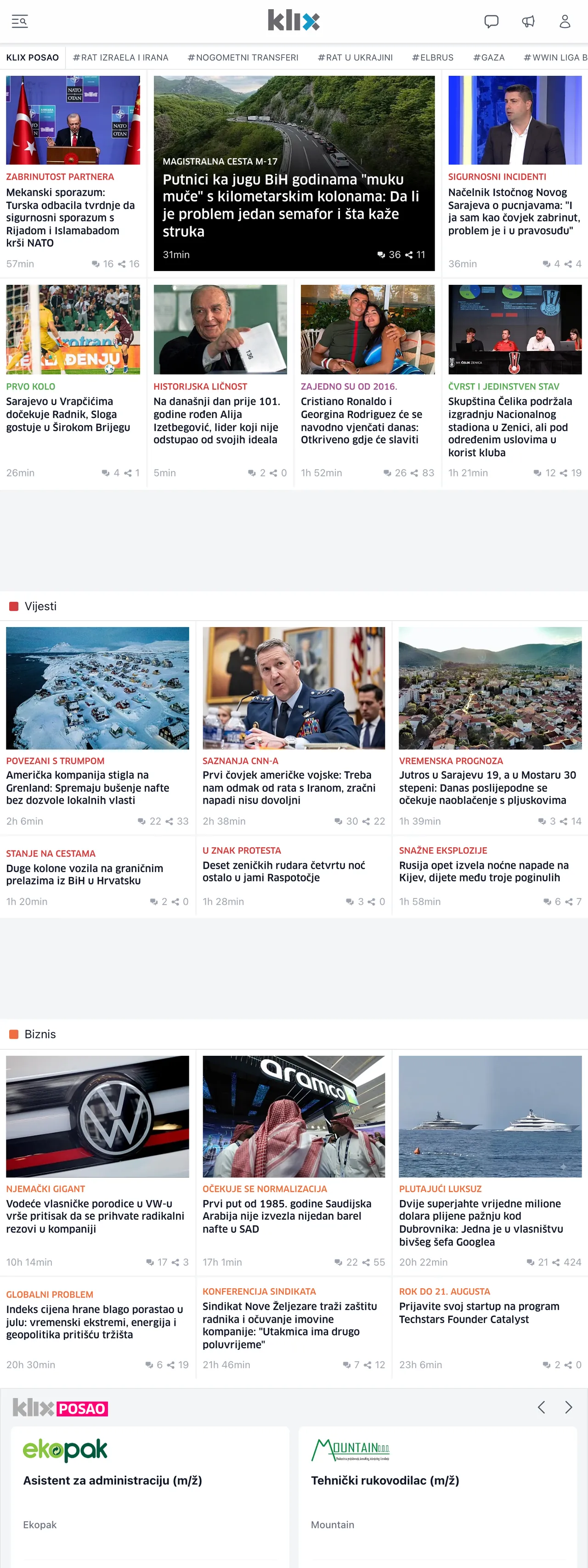 Screenshot of the Klix.ba front page