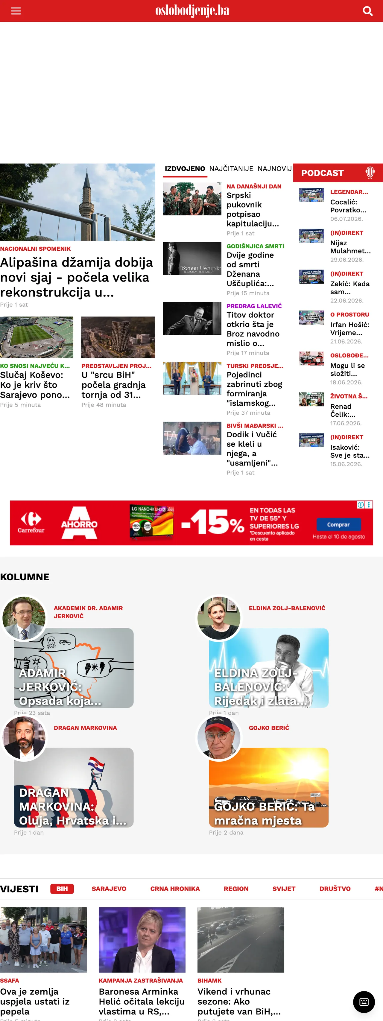 Screenshot of the Oslobođenje front page