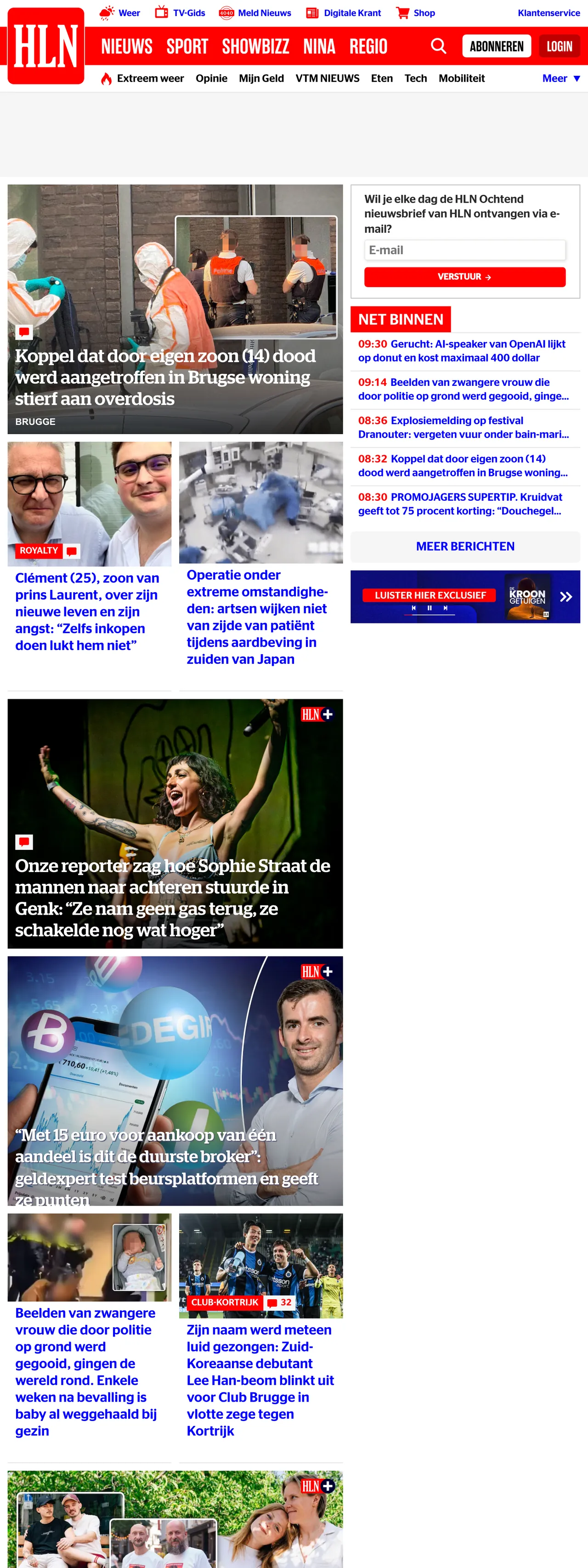 Screenshot of the HLN front page
