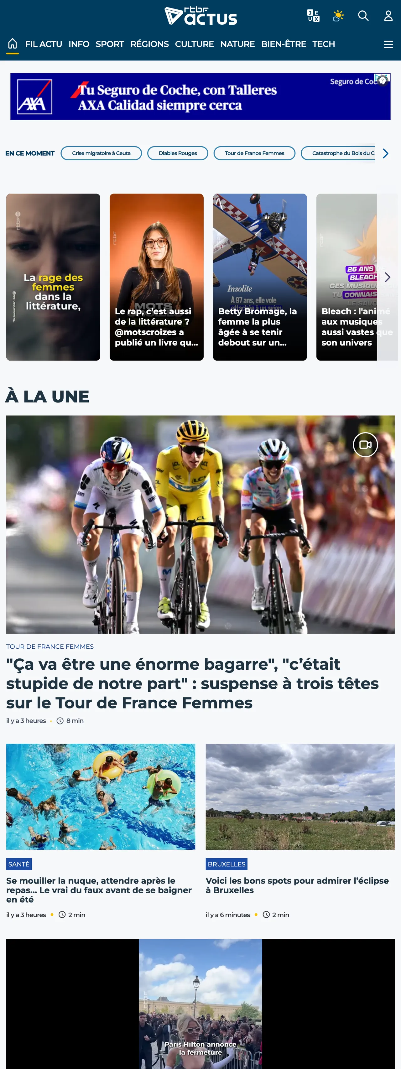 Screenshot of the RTBF front page