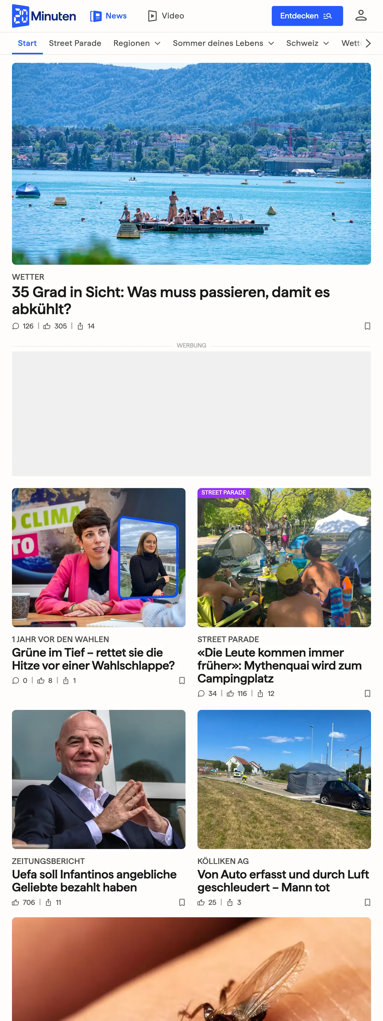 Screenshot of the 20 Minuten front page