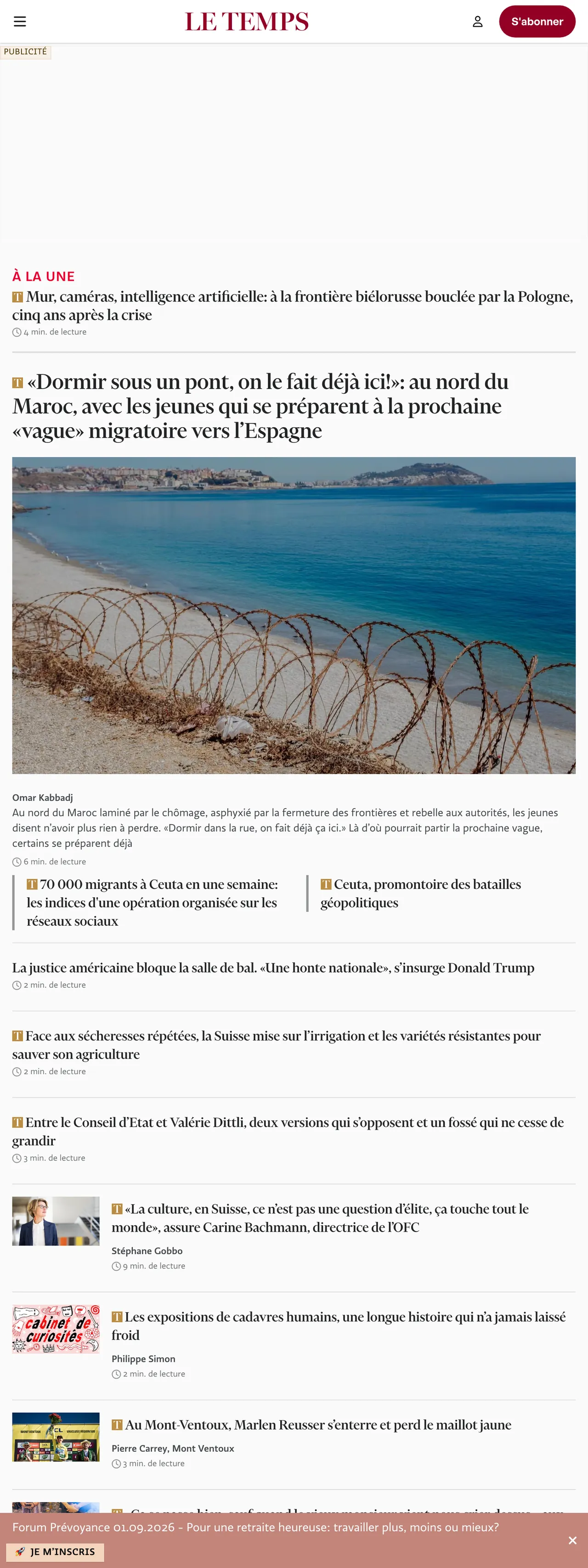 Screenshot of the Le Temps front page