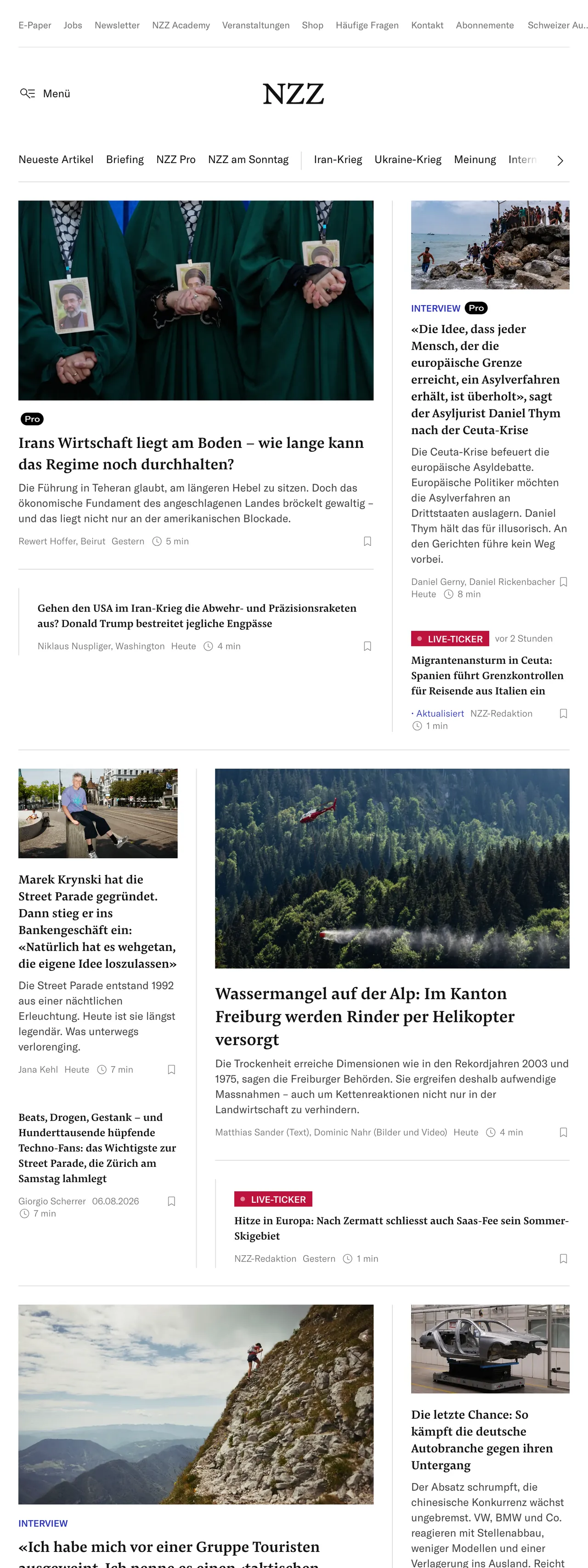 Screenshot of the Neue Zürcher Zeitung front page