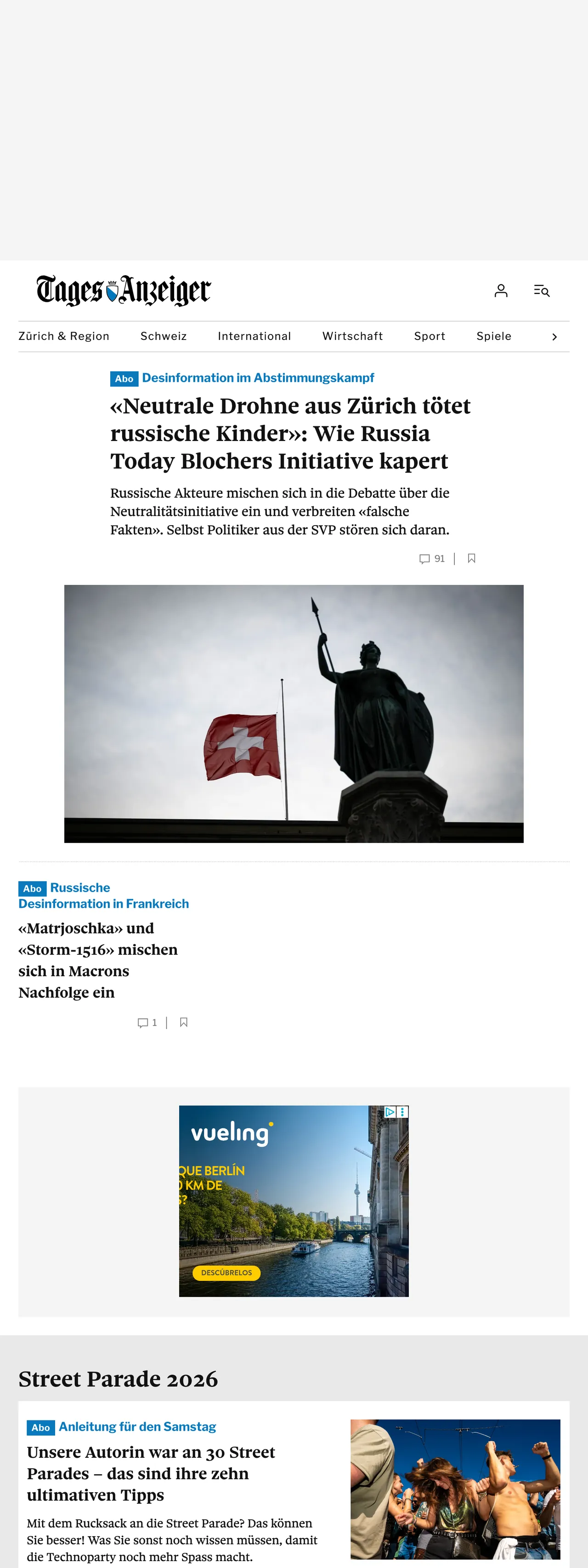 Screenshot of the Tages-Anzeiger front page