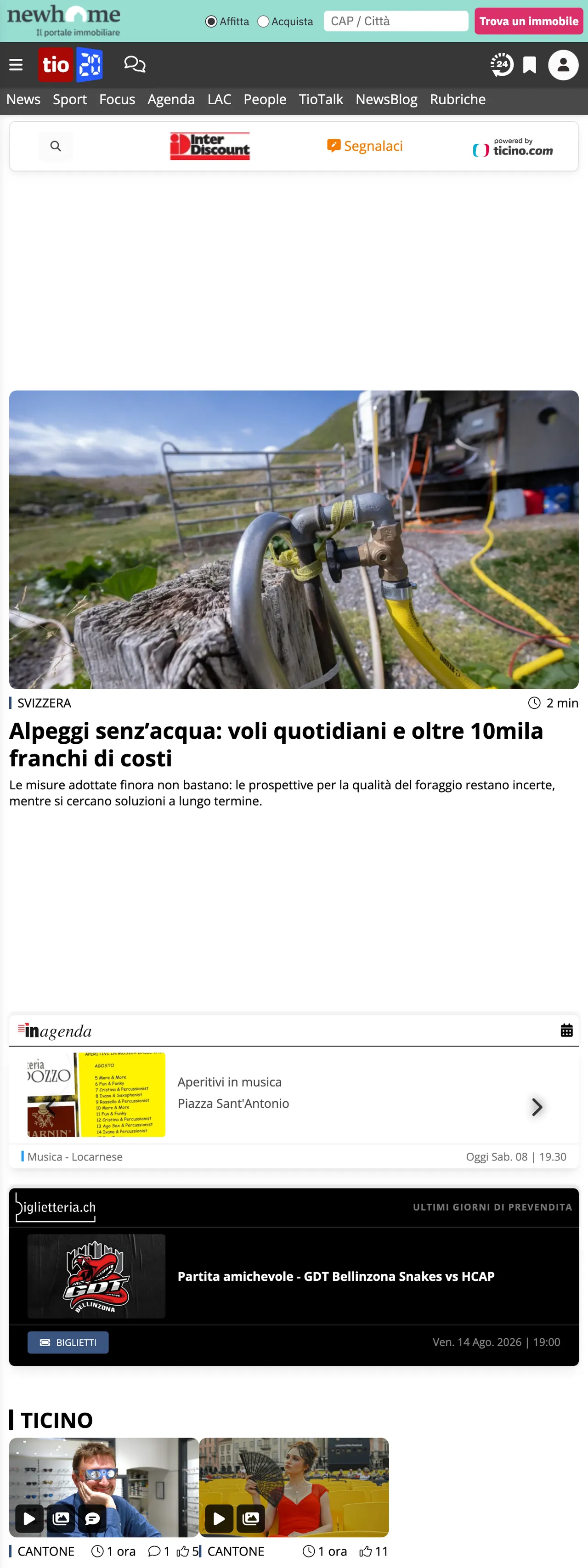 Screenshot of the Ticinonline front page