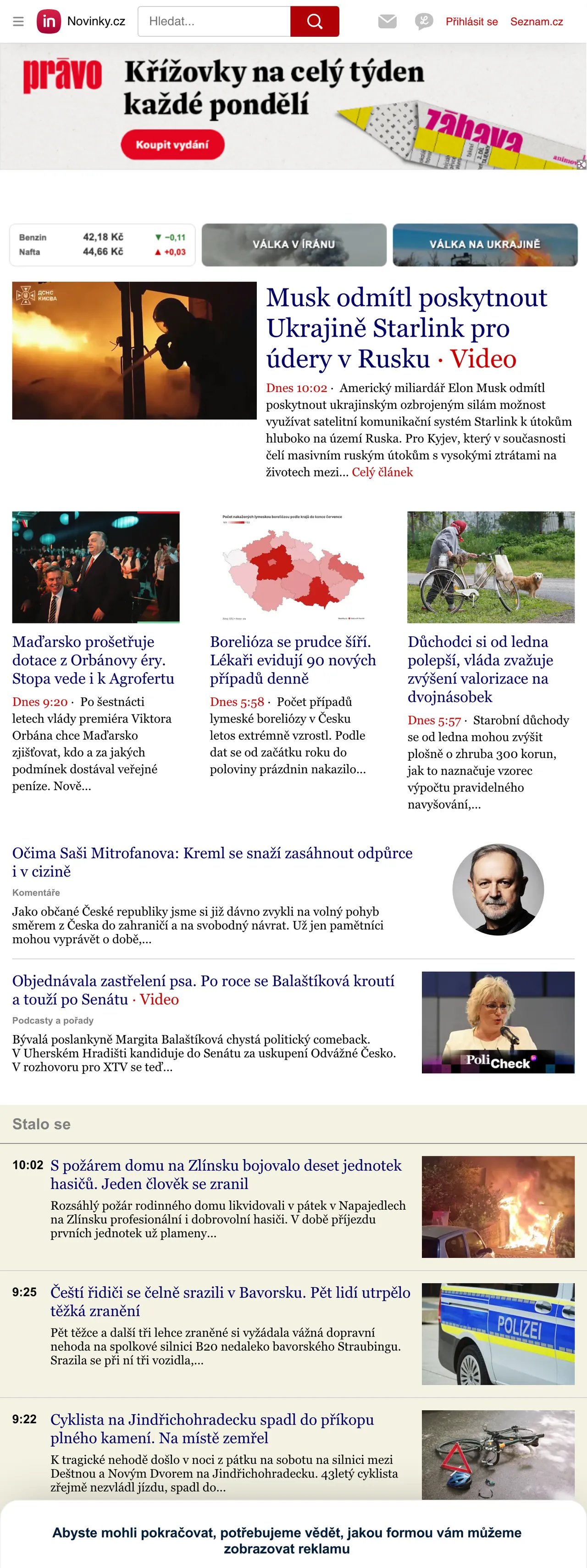 Screenshot of the Novinky.cz front page