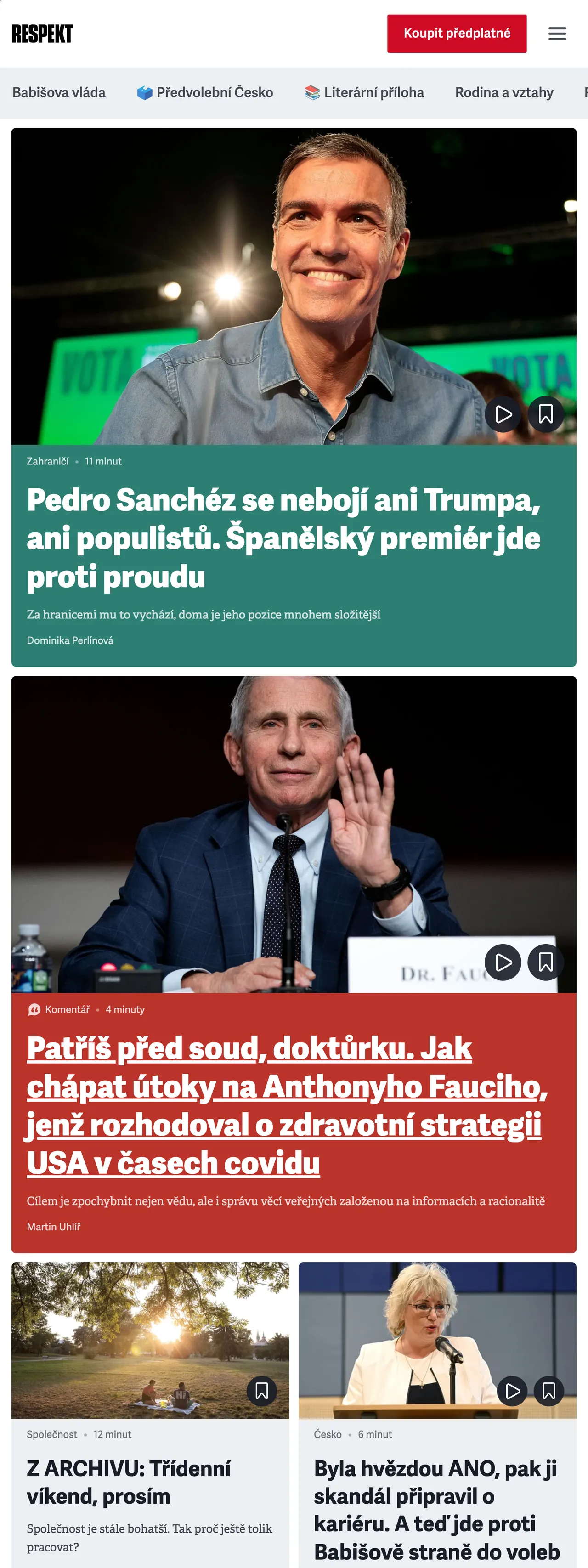 Screenshot of the Respekt front page