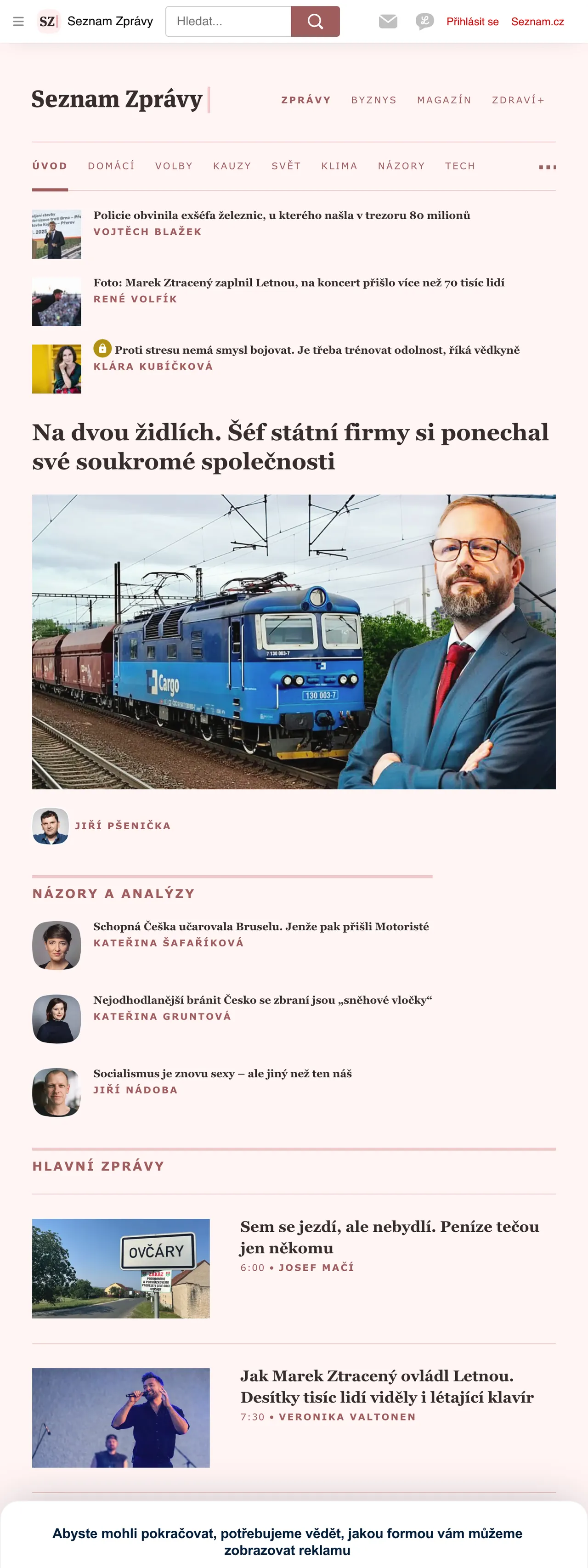 Screenshot of the Seznam Zprávy front page