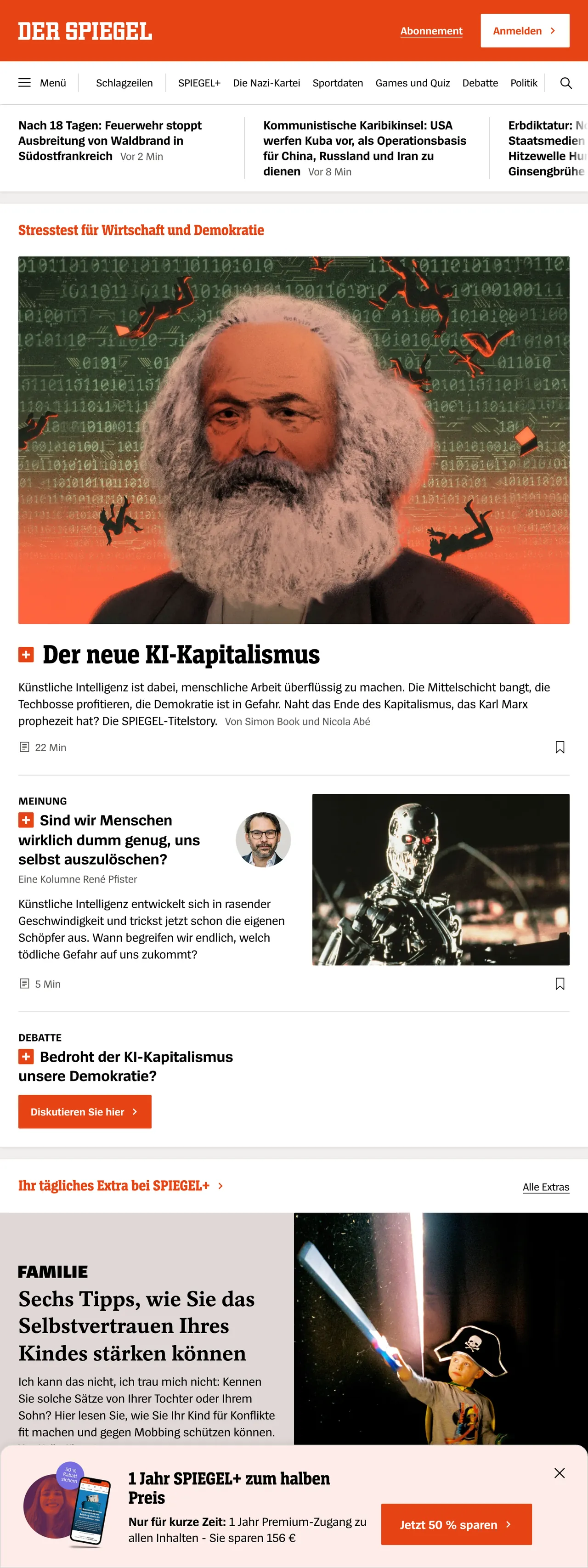 Screenshot of the DER SPIEGEL front page