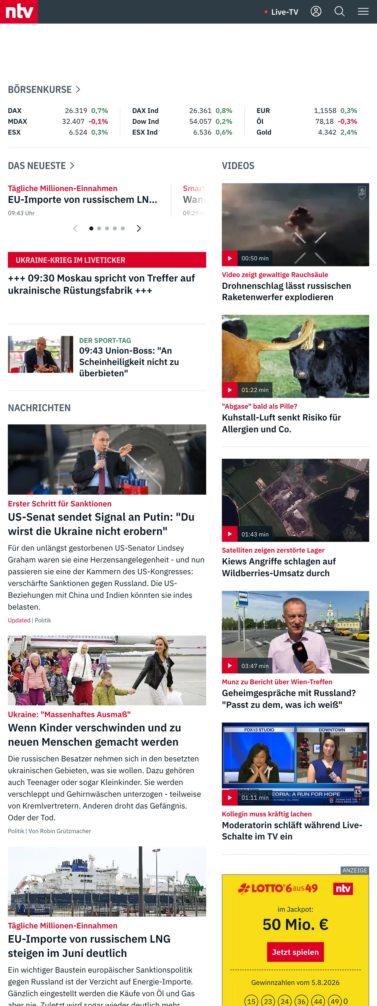 Screenshot of the n-tv front page