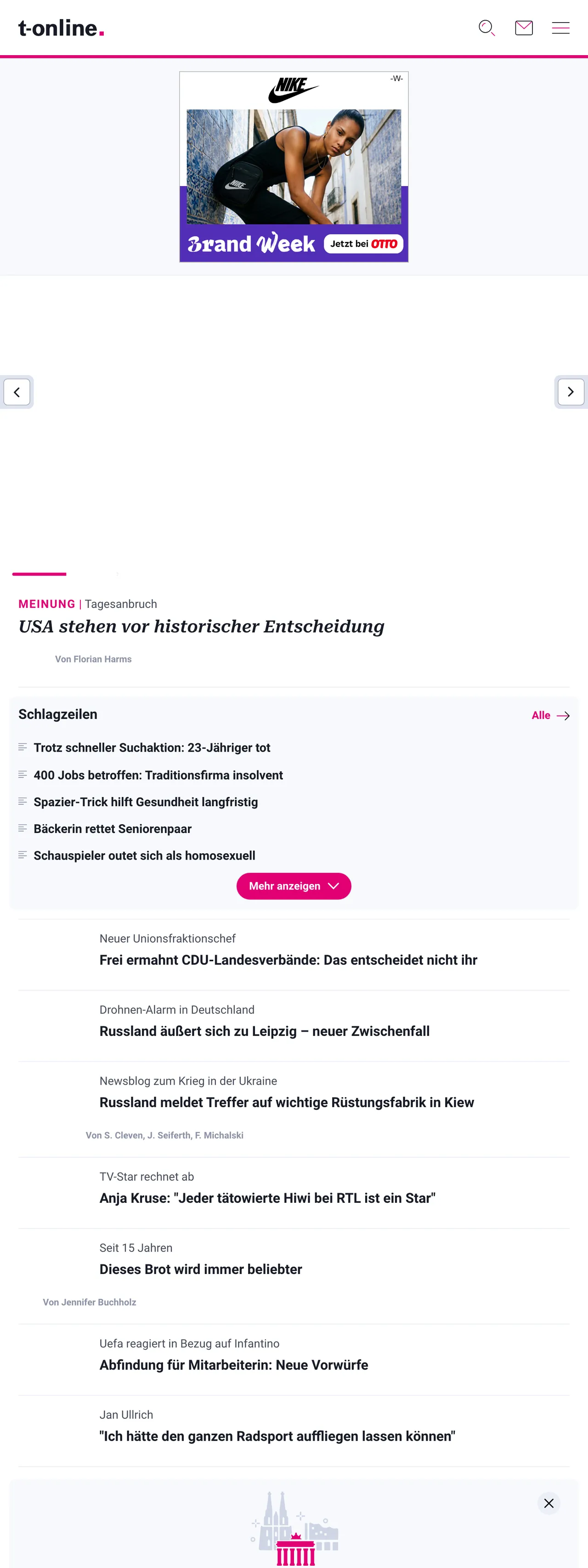 Screenshot of the t-online front page