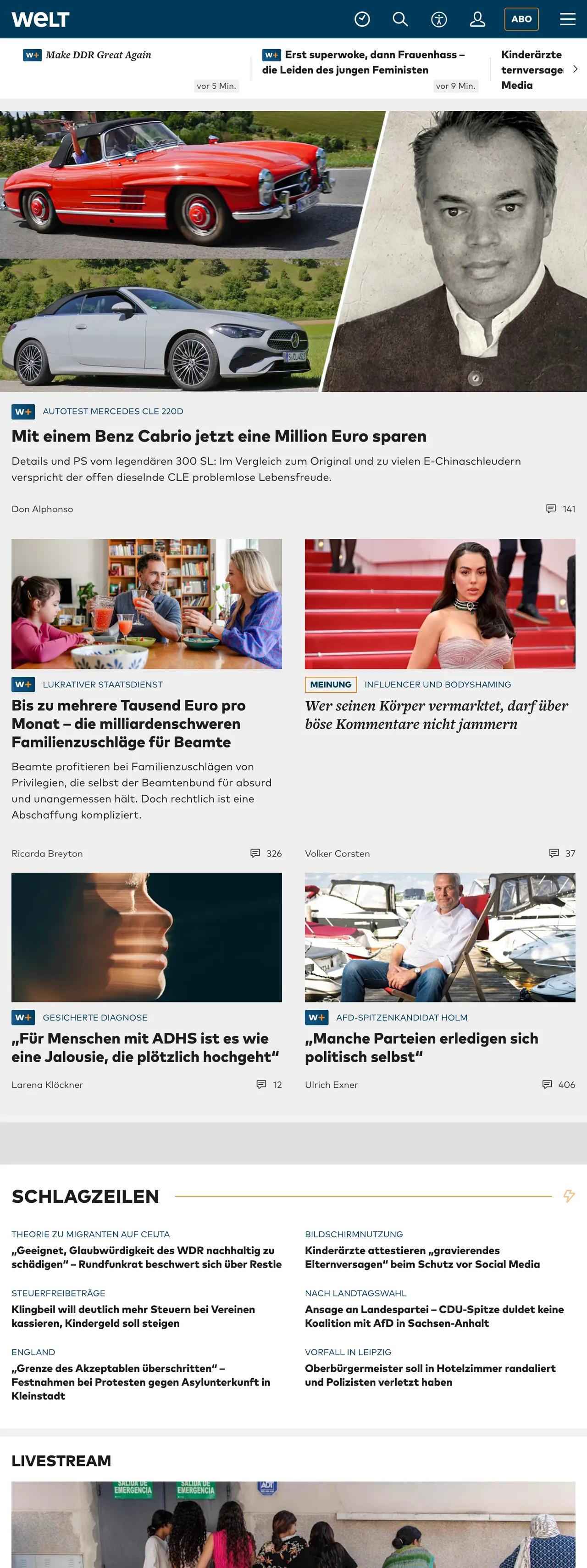 Screenshot of the WELT front page