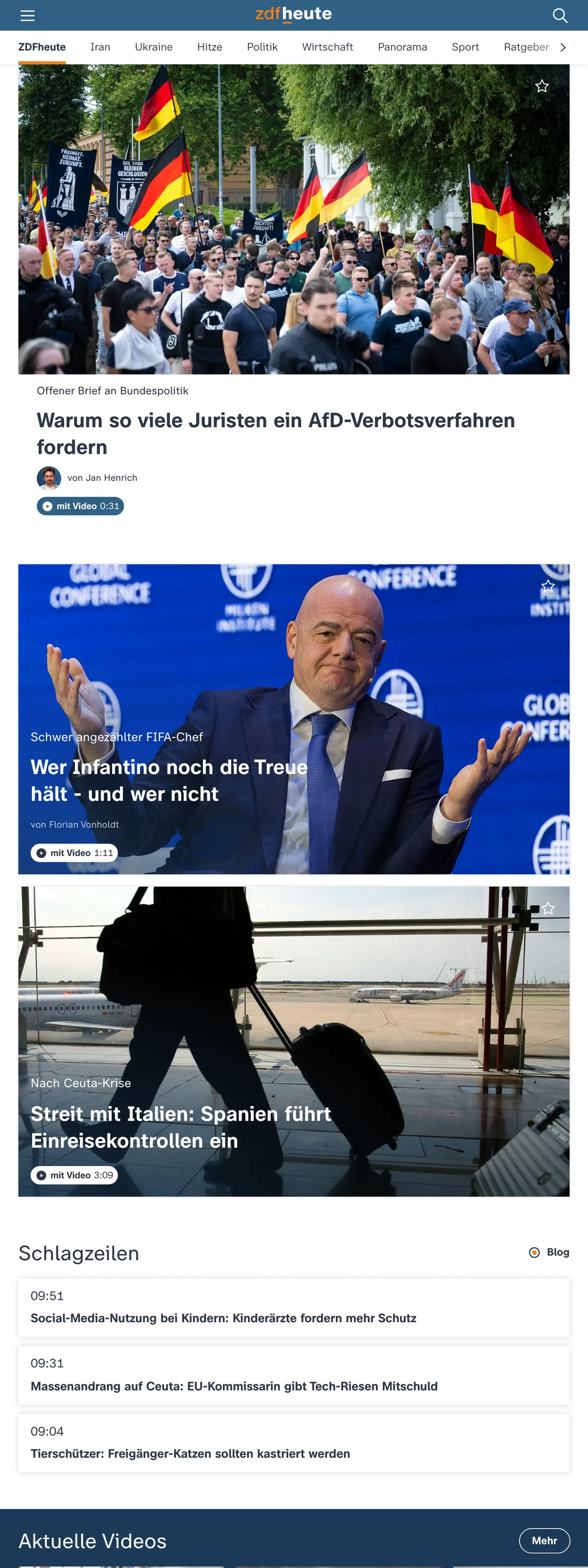 Screenshot of the ZDFheute front page