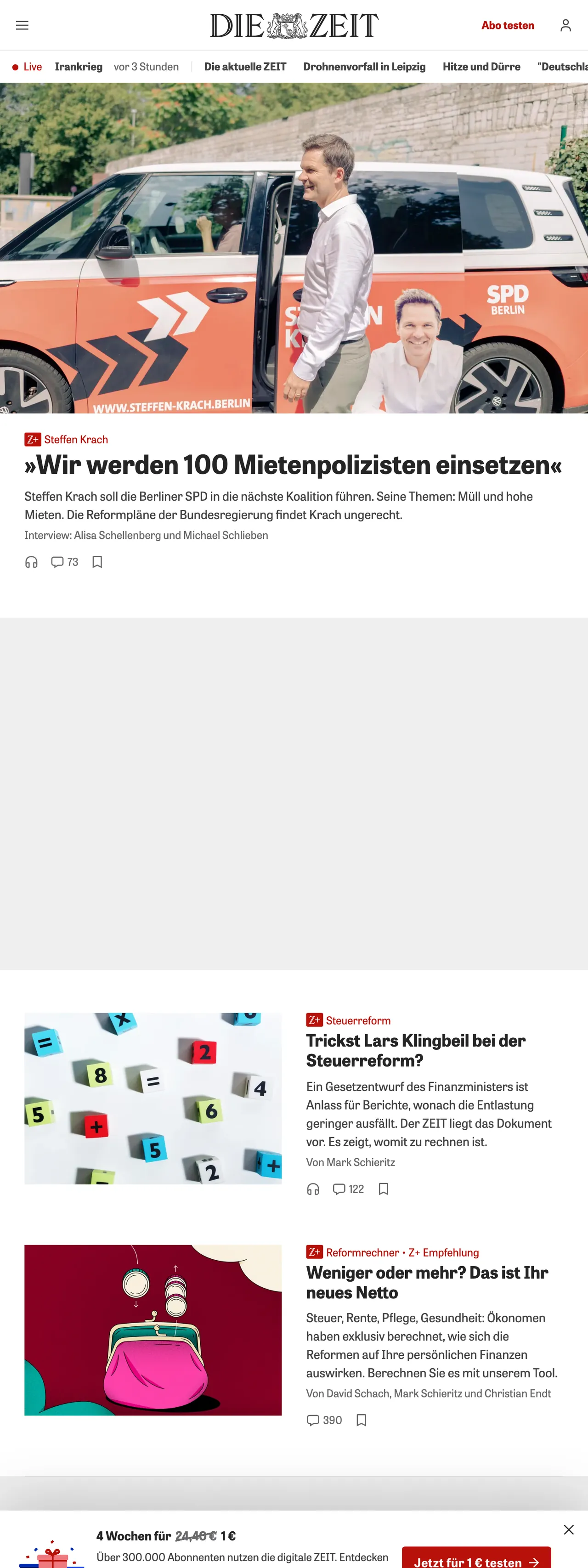 Screenshot of the ZEIT ONLINE front page