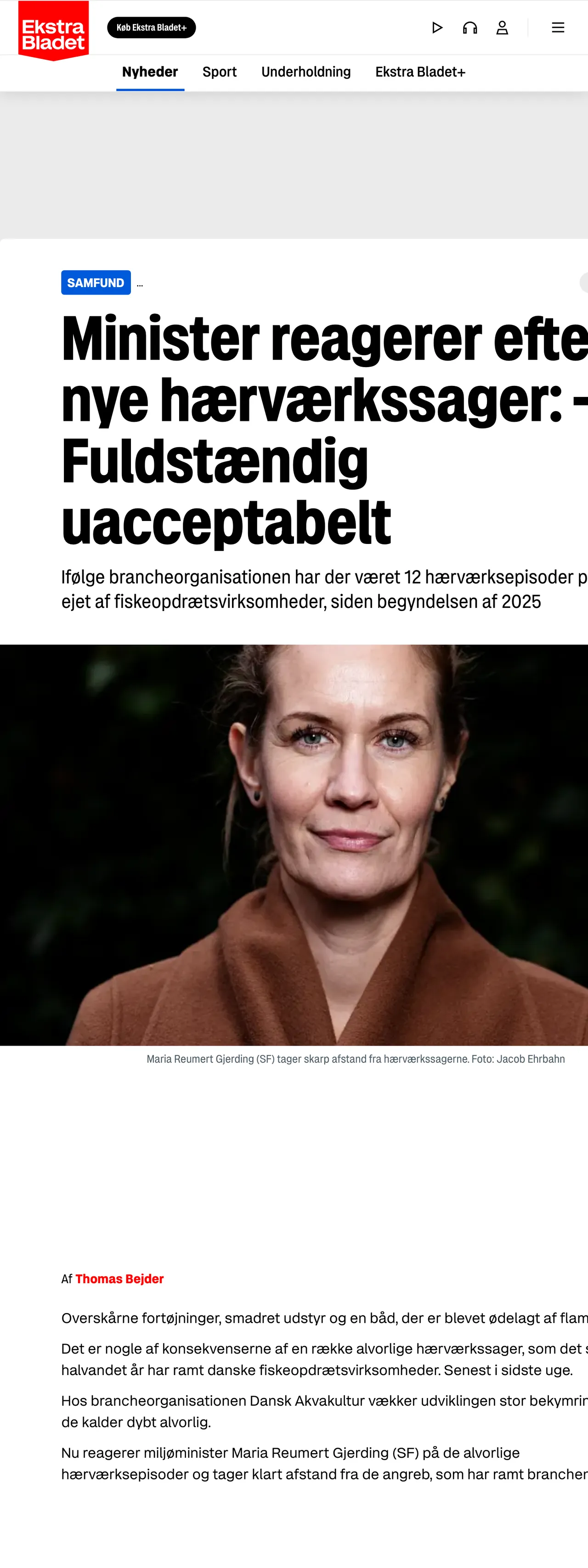 Screenshot of the Ekstra Bladet front page