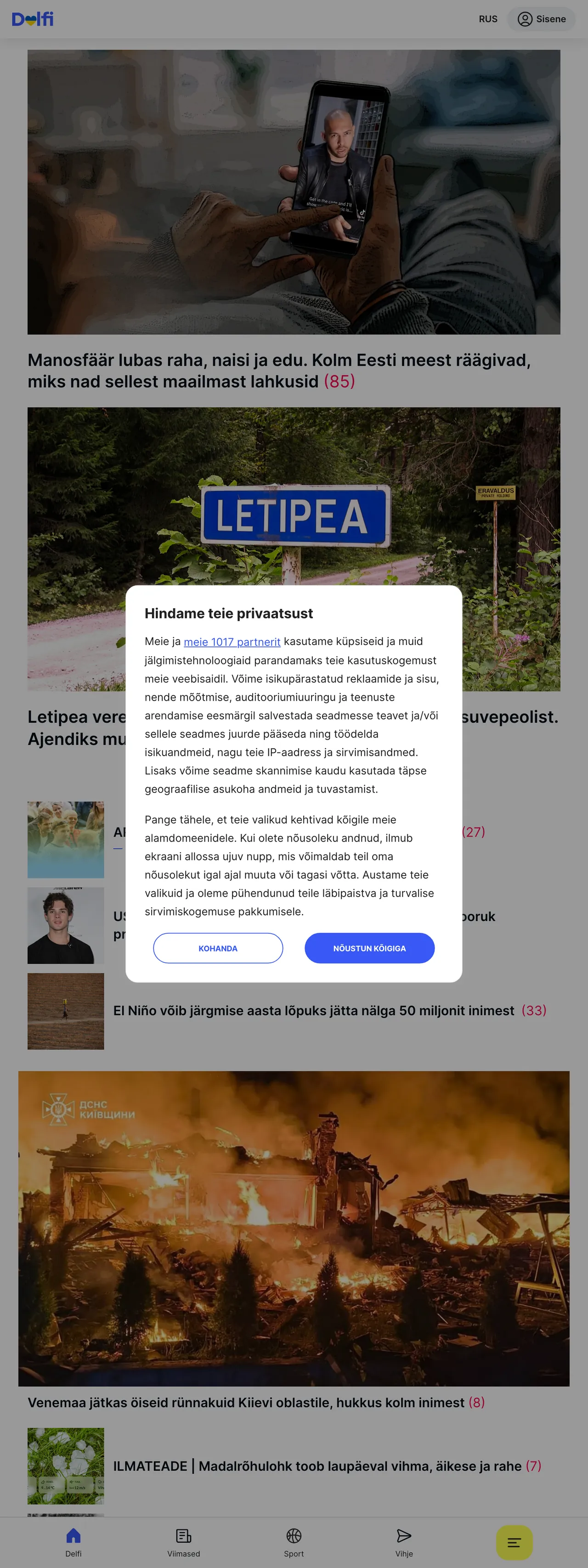 Screenshot of the Delfi front page