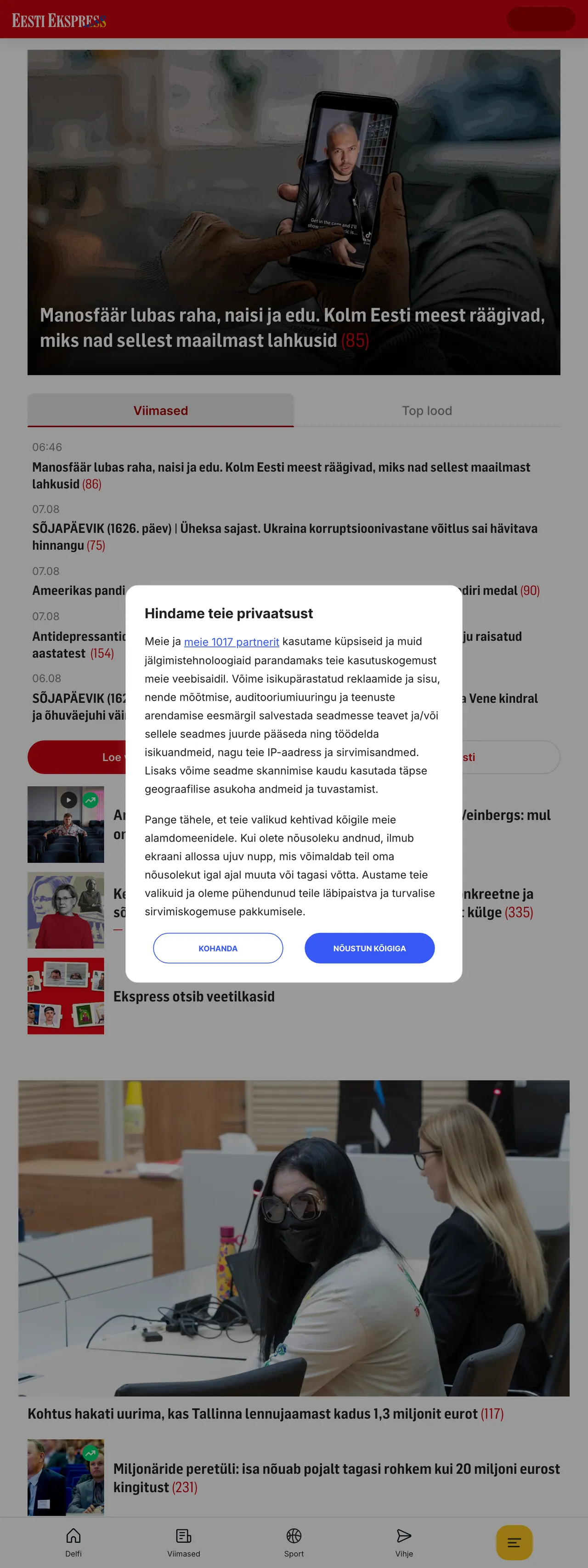Screenshot of the Eesti Ekspress front page