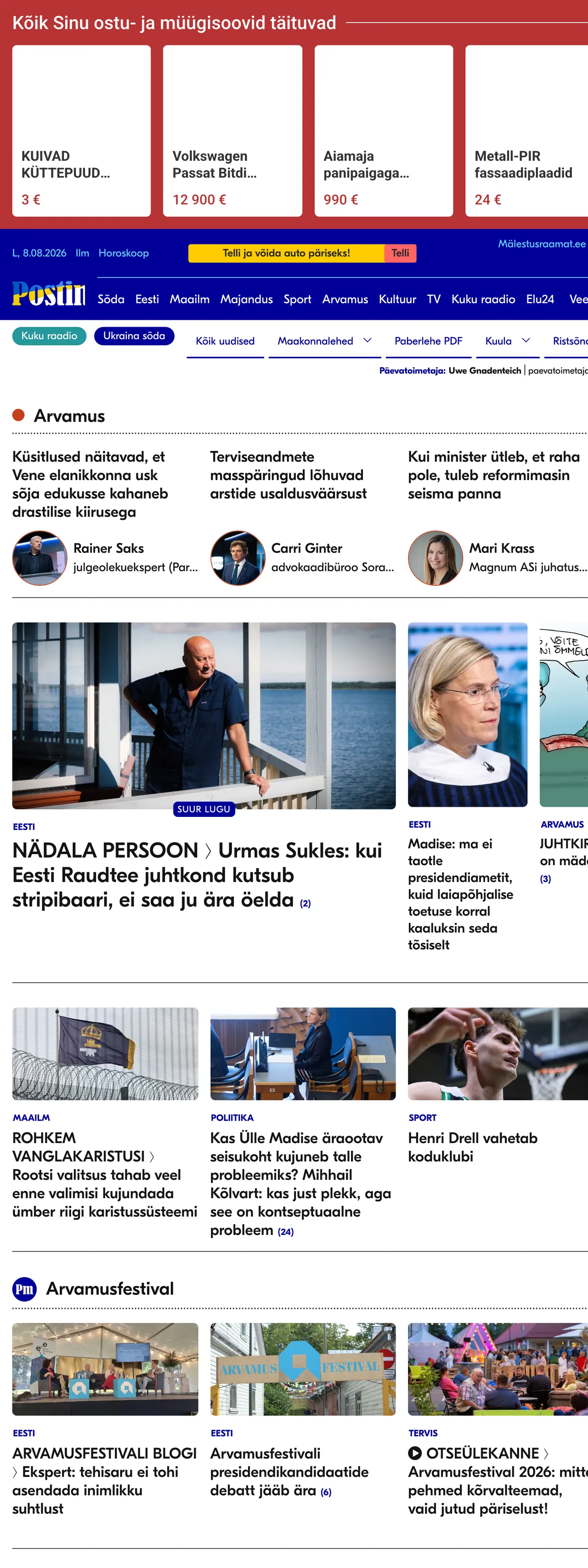 Screenshot of the Postimees front page