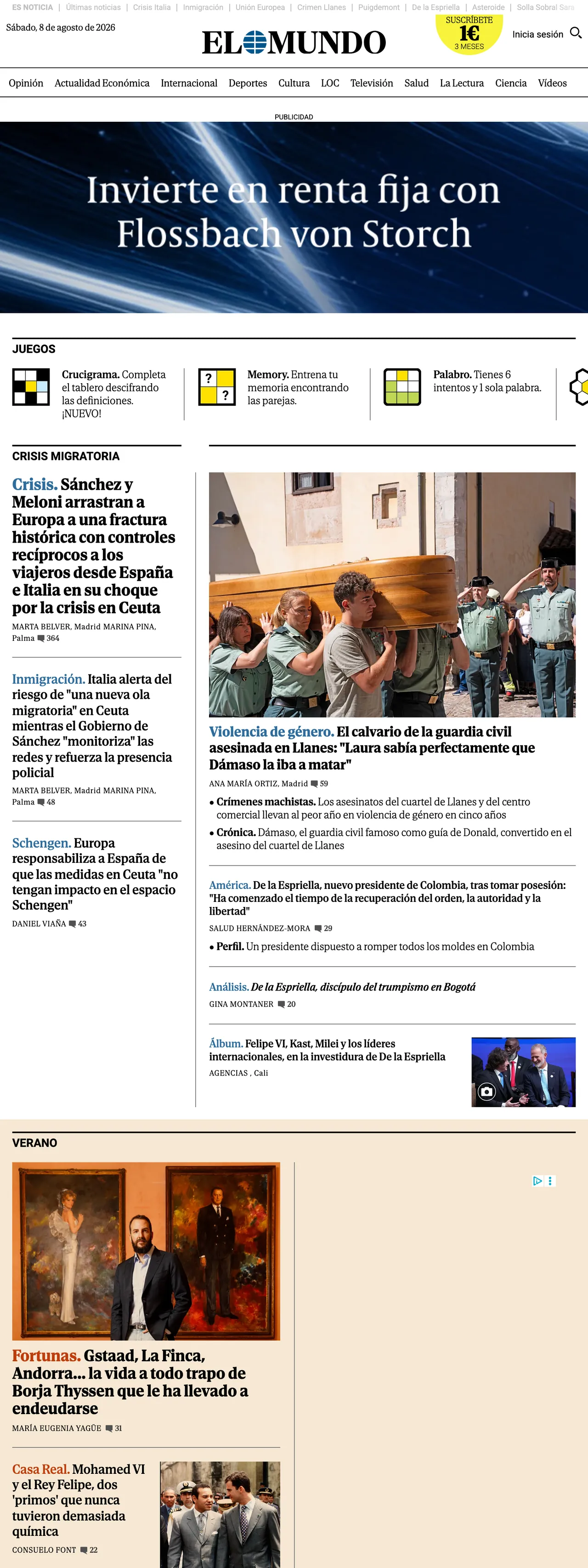 Screenshot of the El Mundo front page