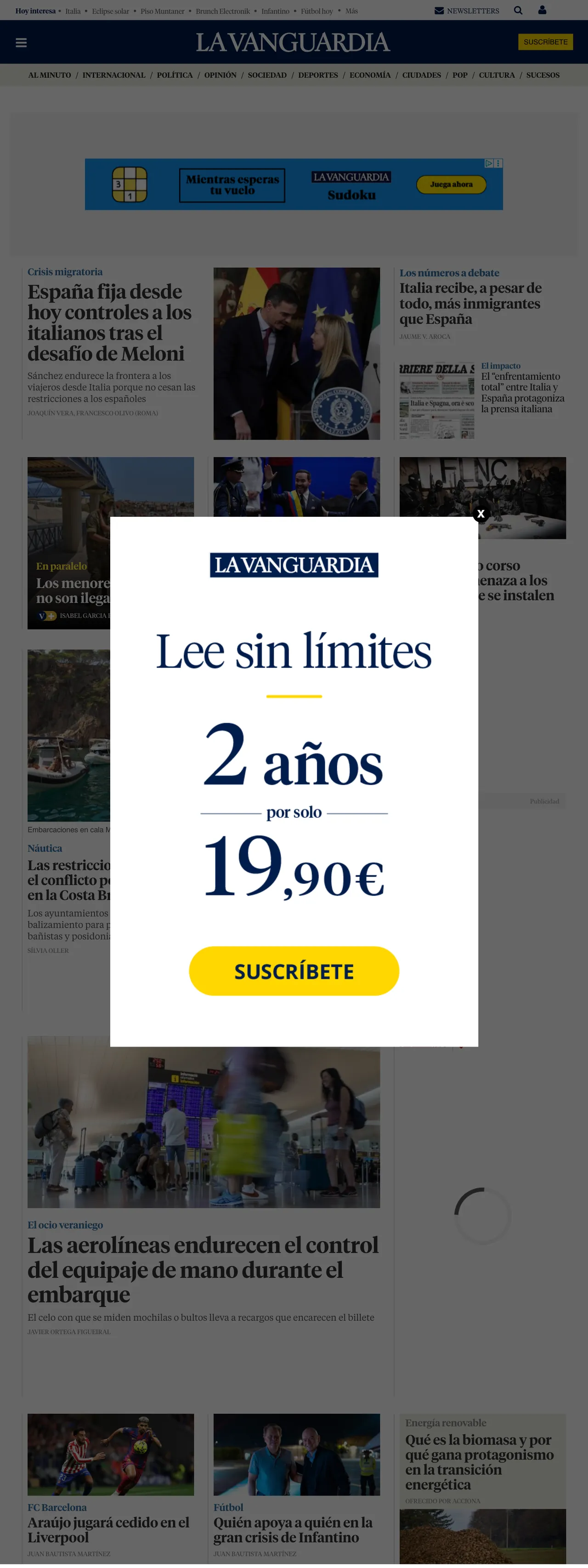 Screenshot of the La Vanguardia front page