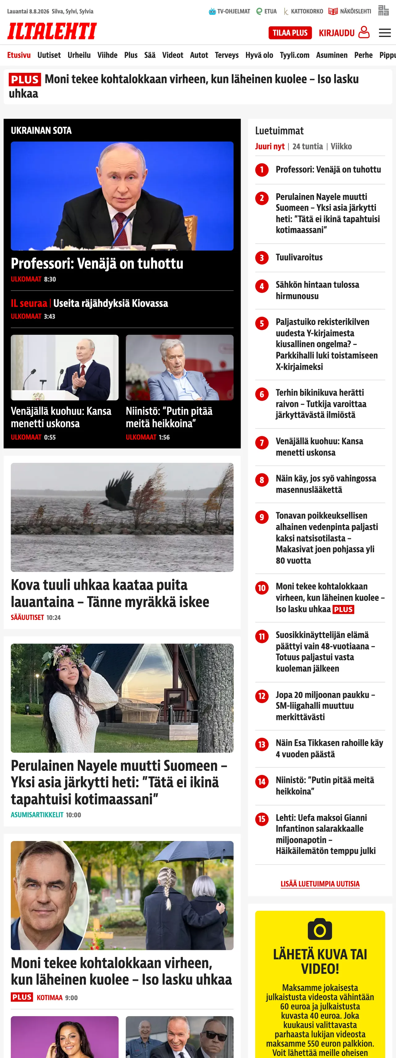 Screenshot of the Iltalehti front page