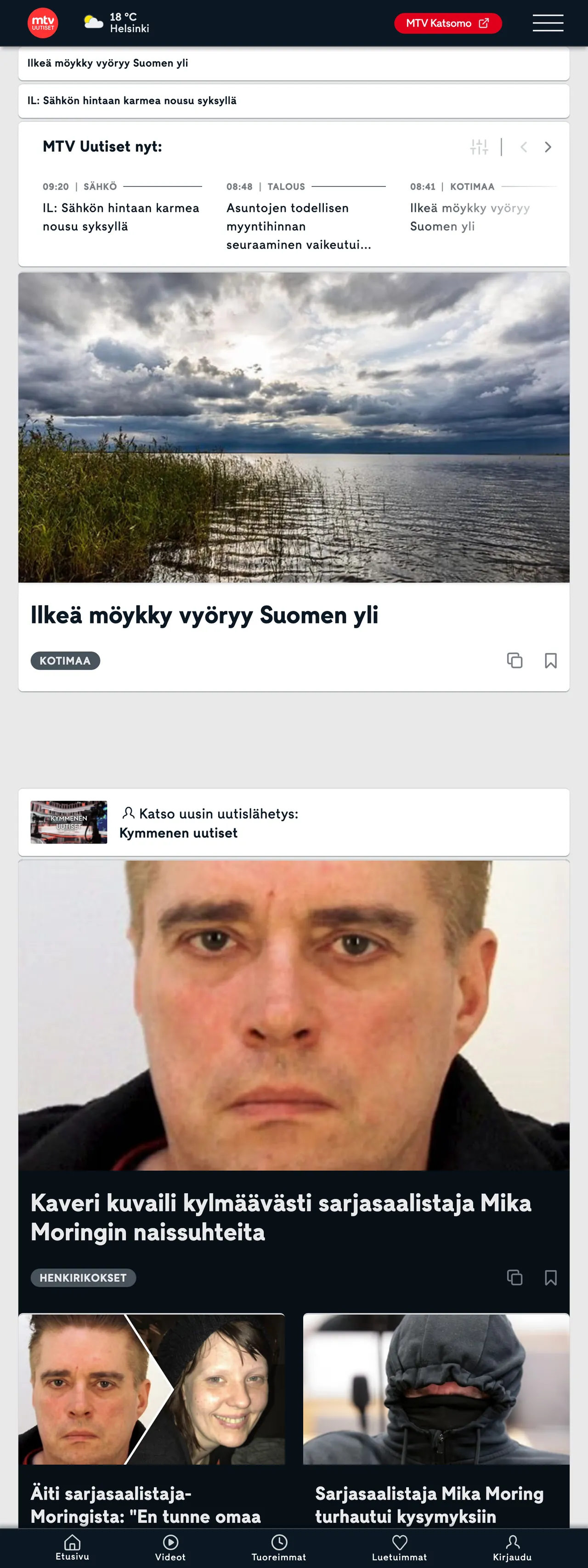 Screenshot of the MTV Uutiset front page