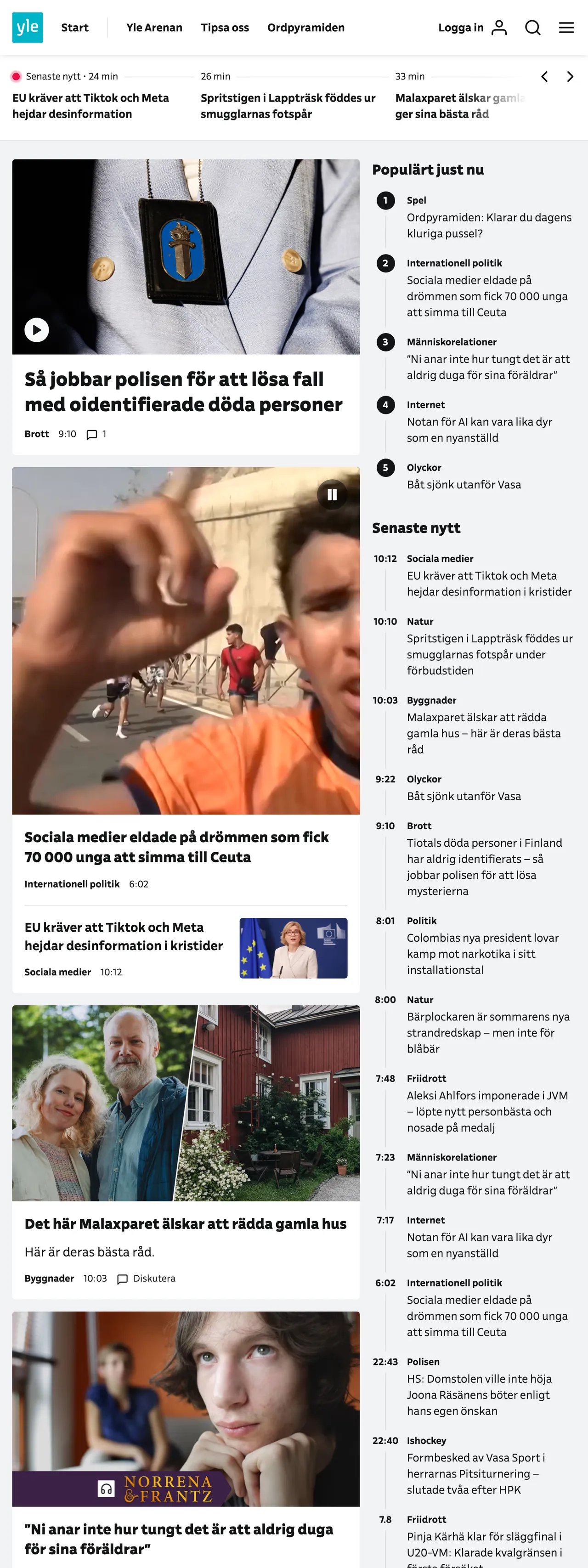 Screenshot of the Svenska Yle front page