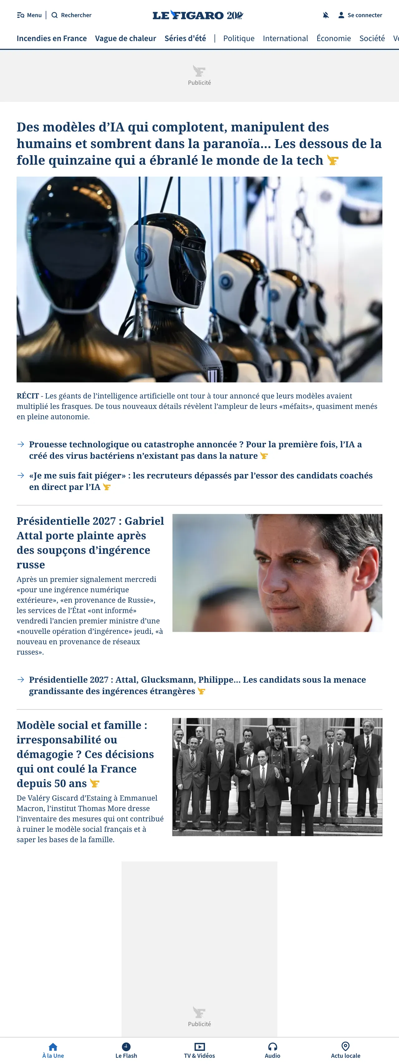 Screenshot of the Le Figaro front page
