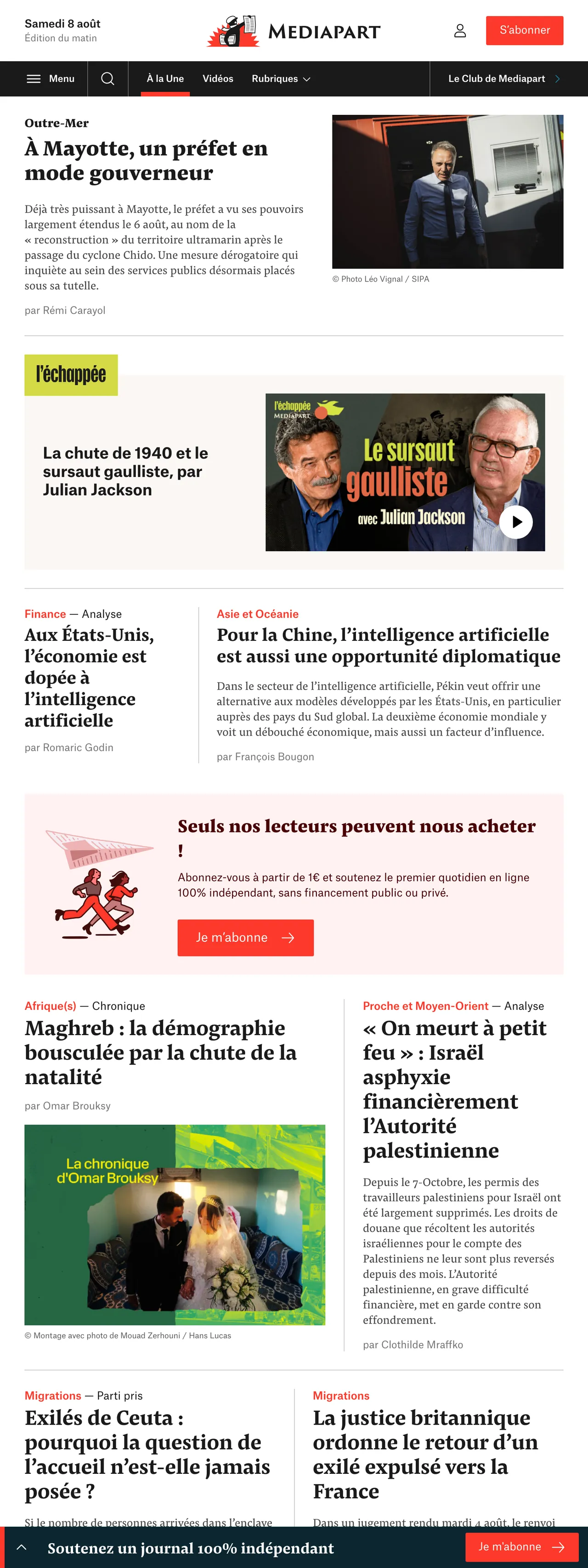 Screenshot of the Mediapart front page