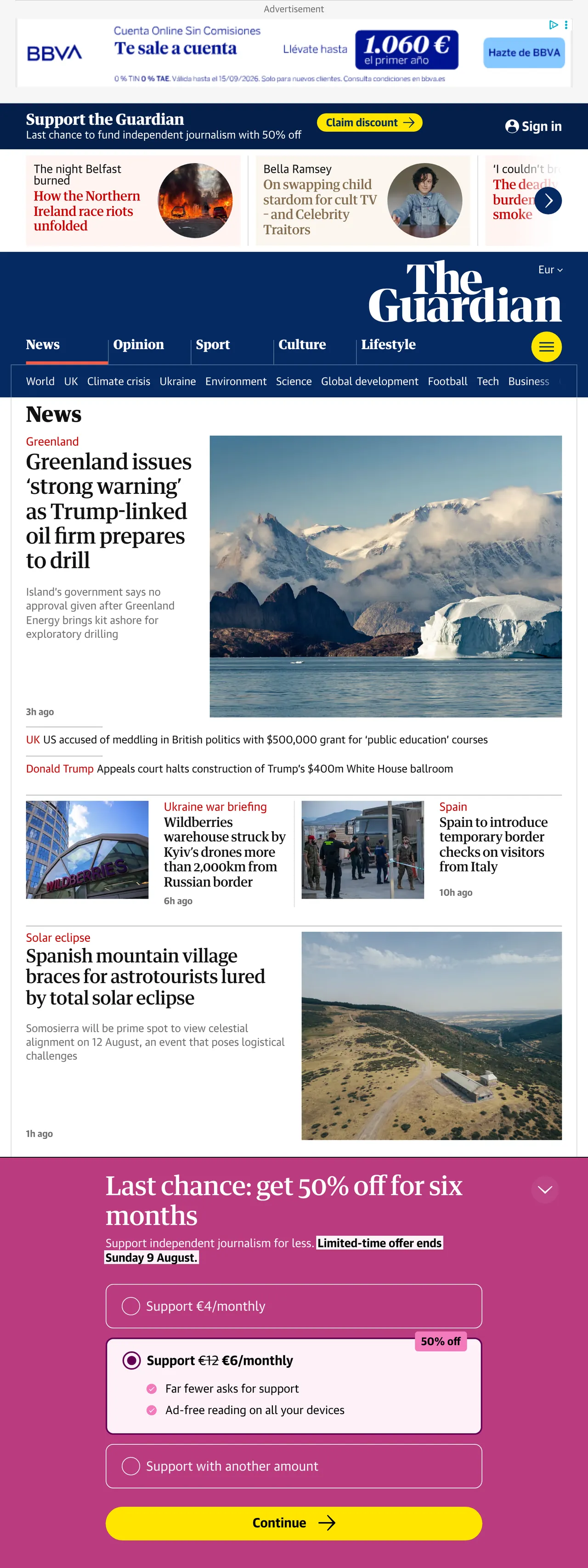 Screenshot of the The Guardian front page
