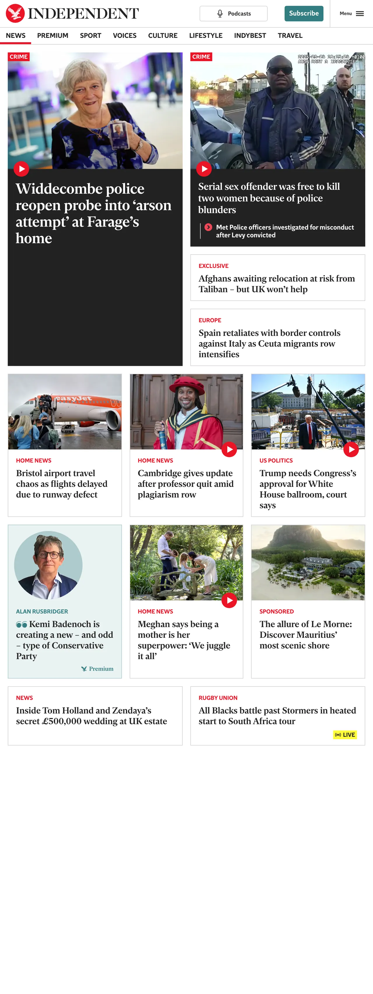 Screenshot of the The Independent front page