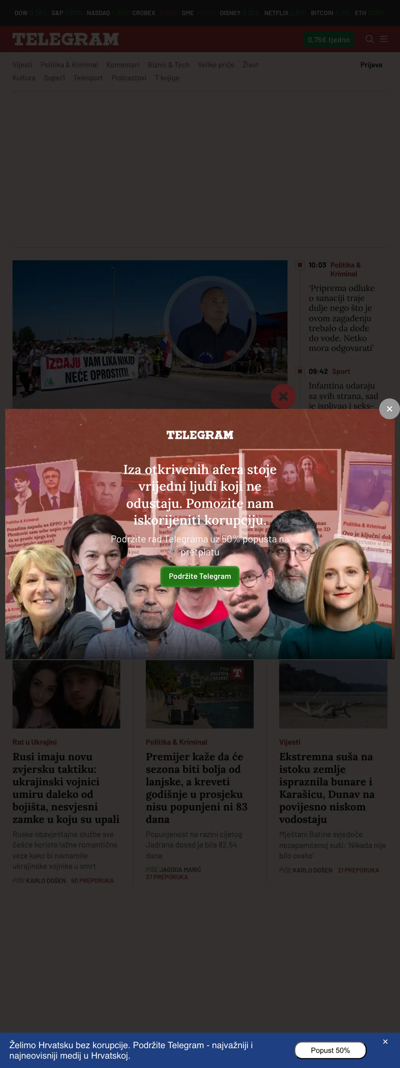 Screenshot of the Telegram.hr front page