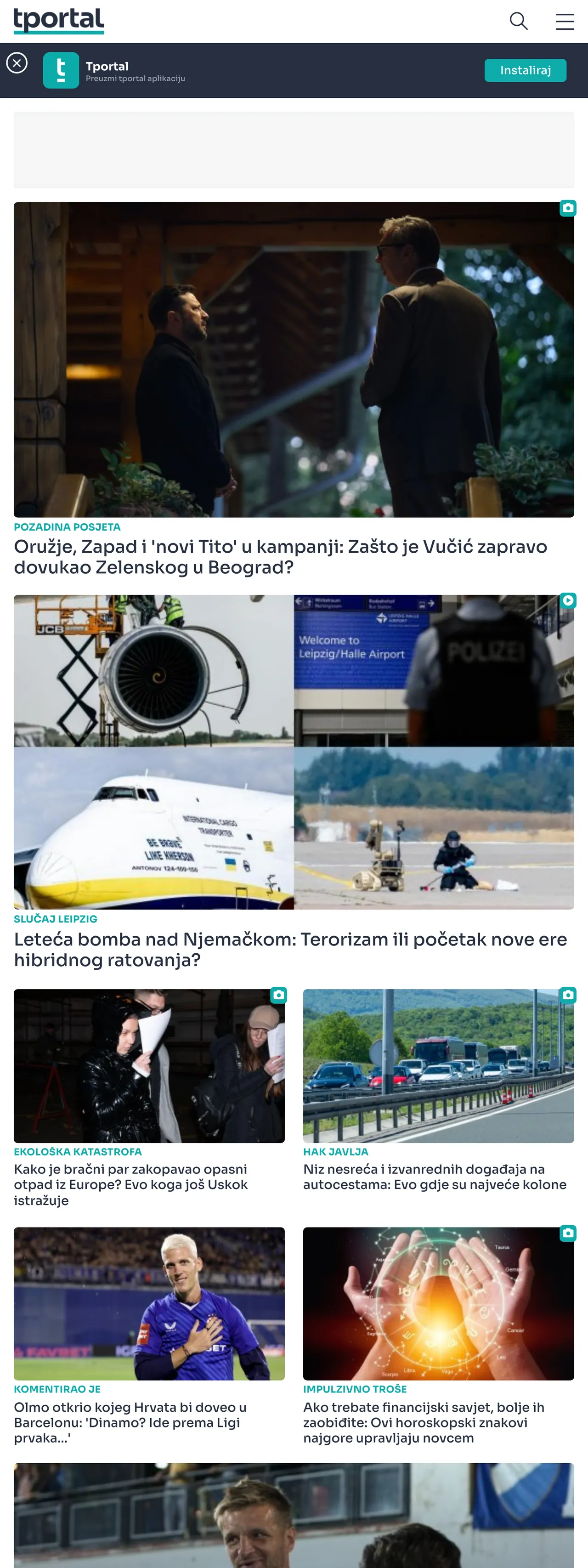 Screenshot of the tportal front page