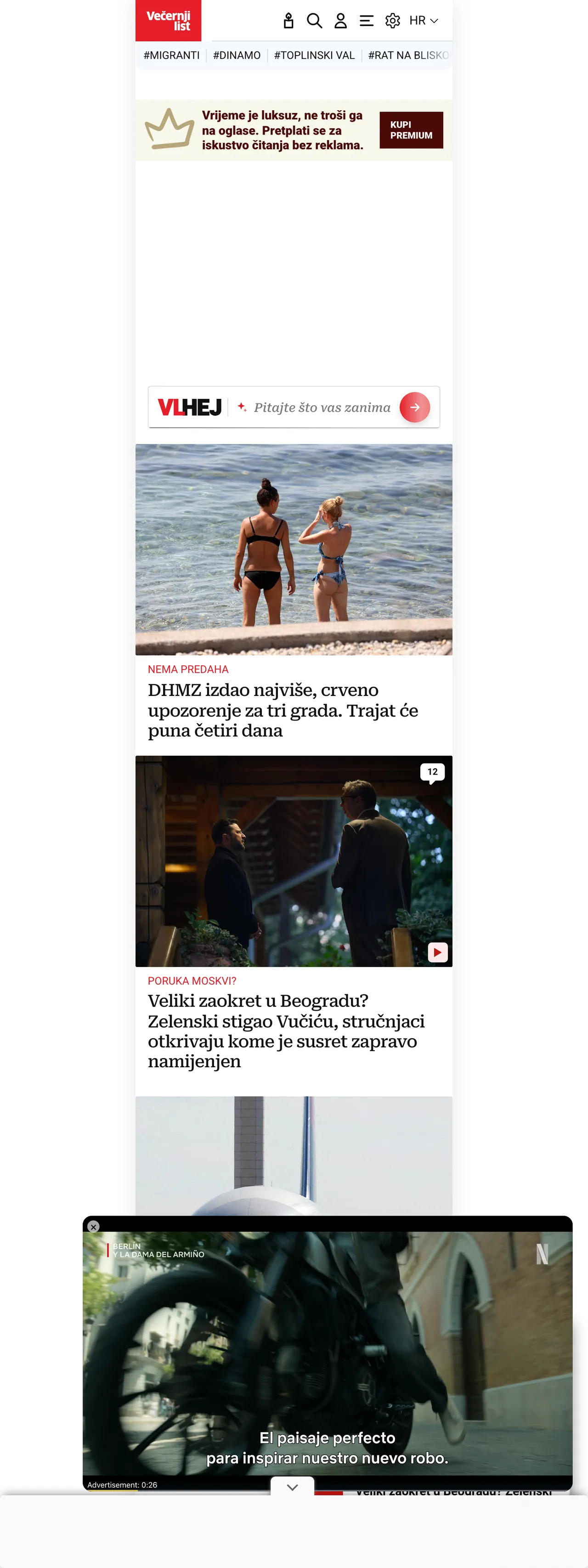 Screenshot of the Večernji list front page