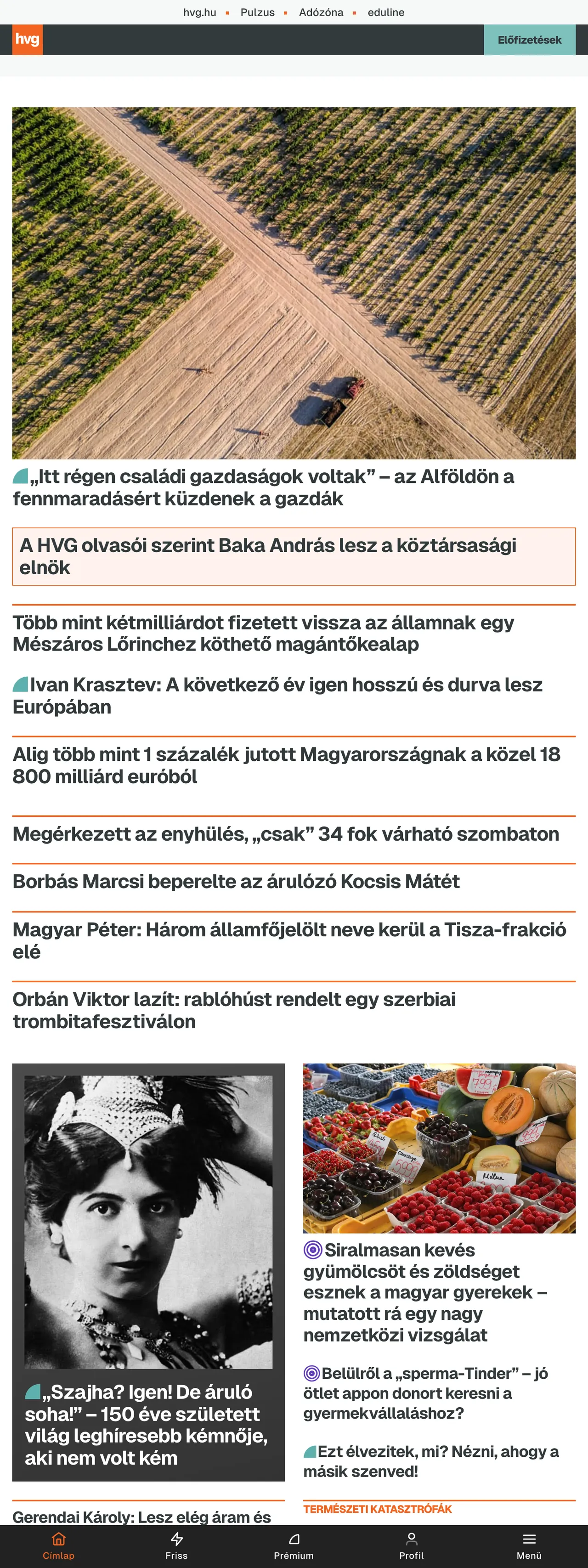 Screenshot of the HVG front page