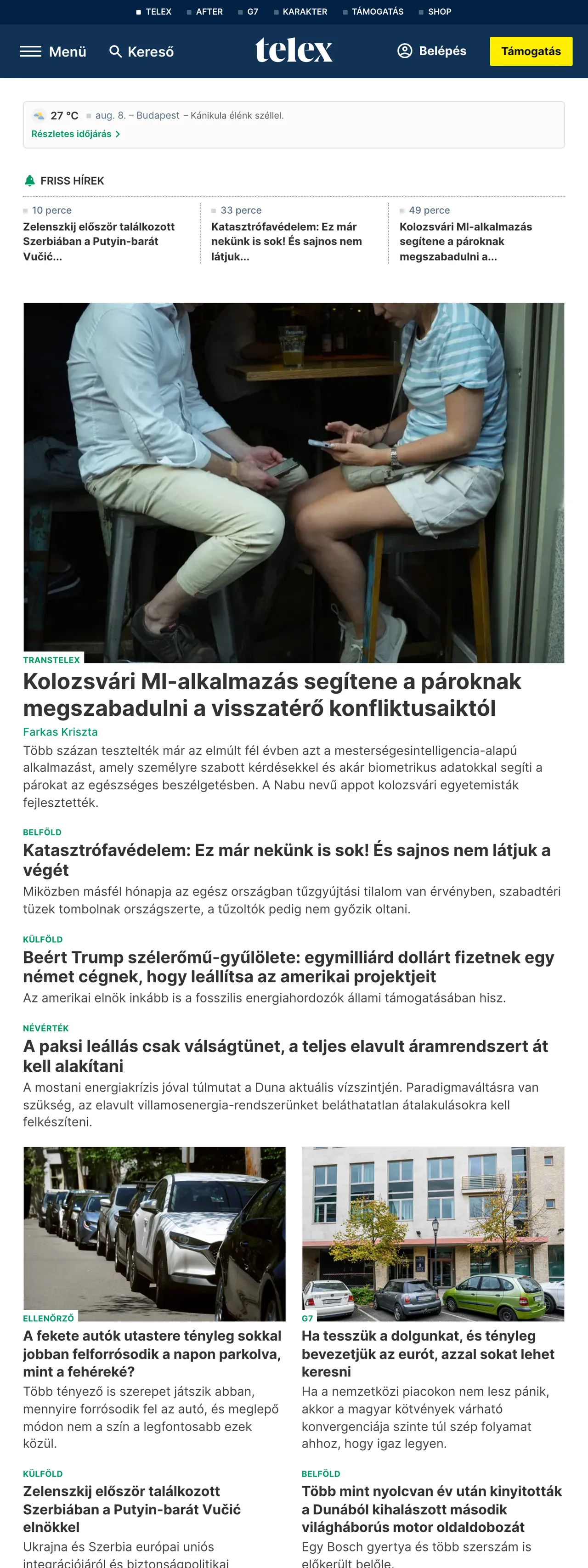 Screenshot of the Telex front page