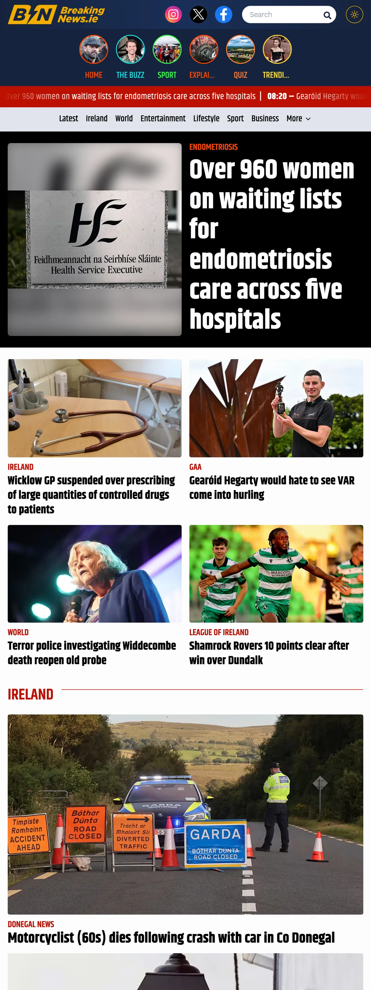 Screenshot of the BreakingNews.ie front page